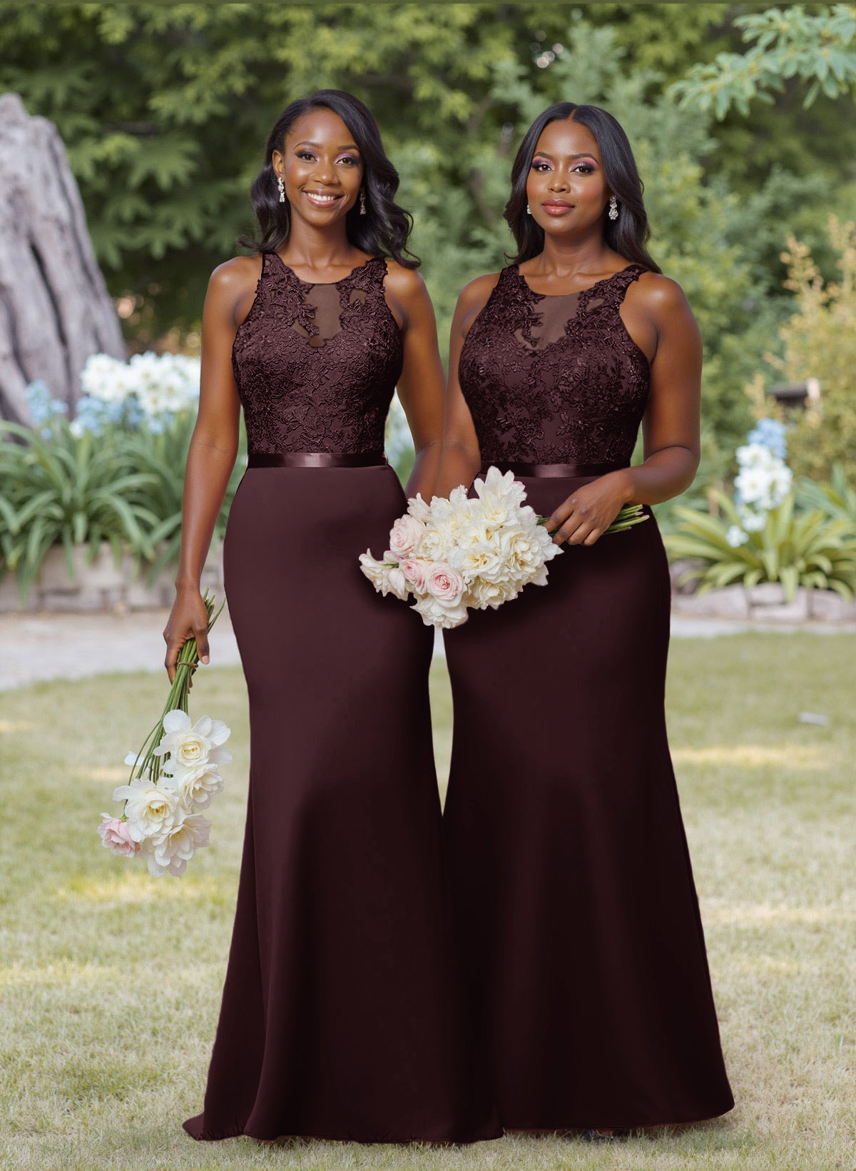 Exquisite Illusion Neck Cutout On The Back Elastic Satin Bridesmaid Dresses With Lace, product image 18