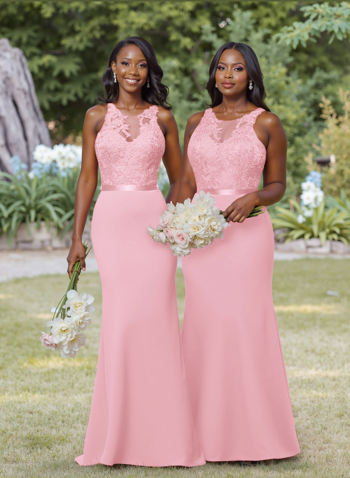Exquisite Illusion Neck Cutout On The Back Elastic Satin Bridesmaid Dresses With Lace, product image 42