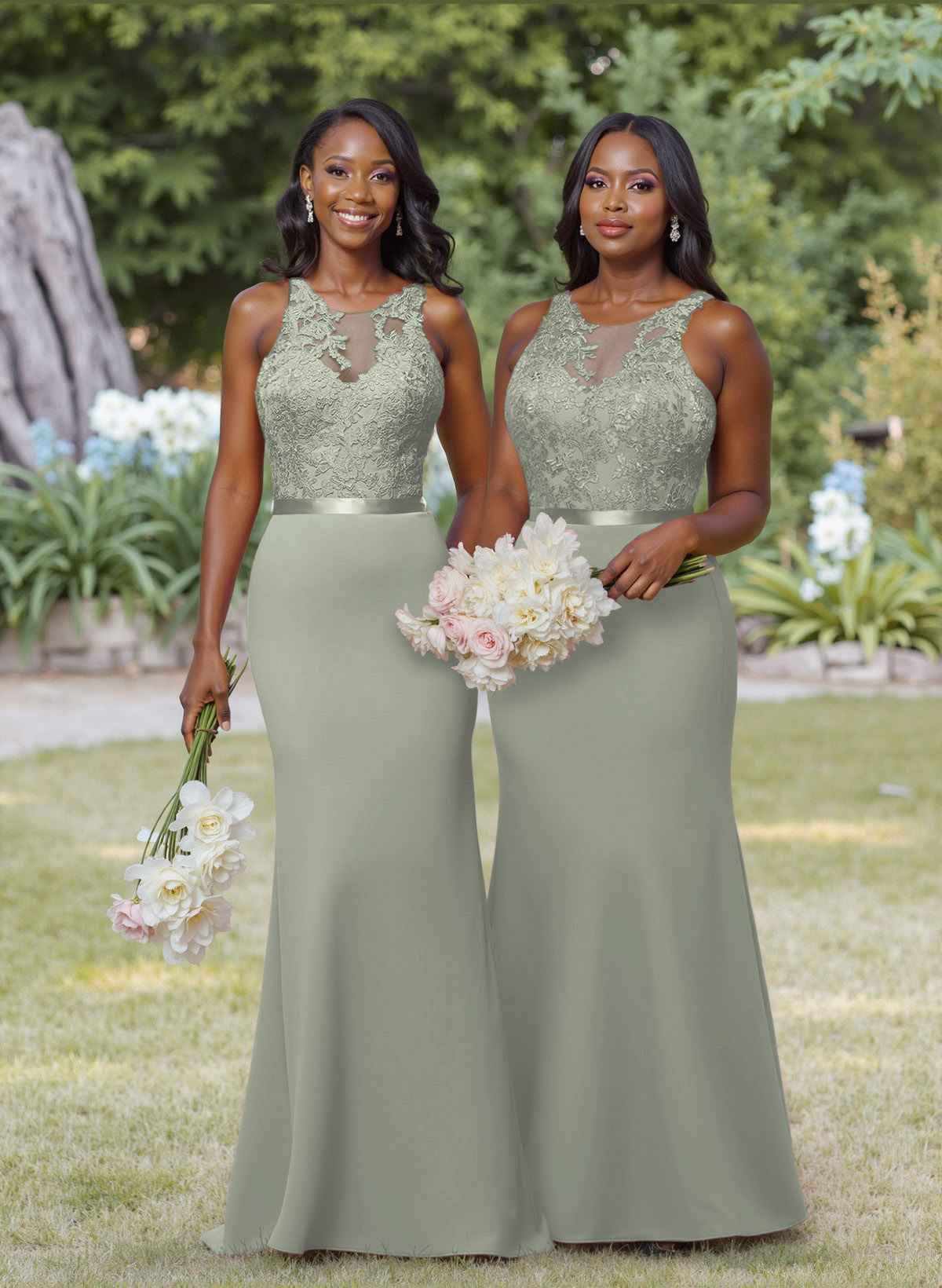 Exquisite Illusion Neck Cutout On The Back Elastic Satin Bridesmaid Dresses With Lace, product image 19
