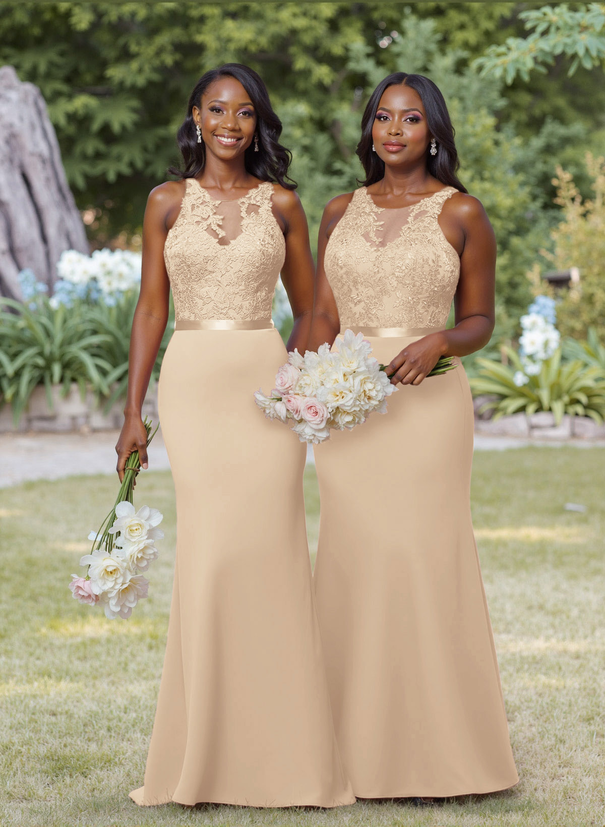 Exquisite Illusion Neck Cutout On The Back Elastic Satin Bridesmaid Dresses With Lace, product image 11