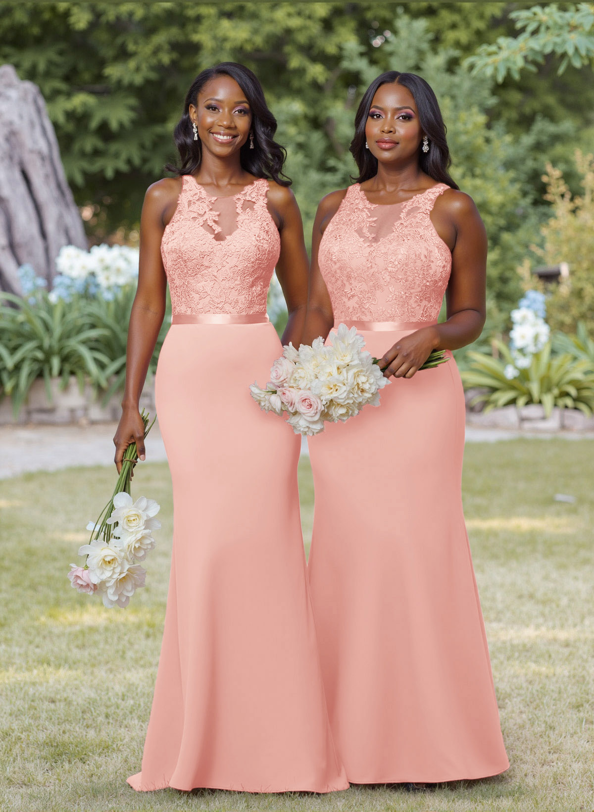 Exquisite Illusion Neck Cutout On The Back Elastic Satin Bridesmaid Dresses With Lace, product image 28