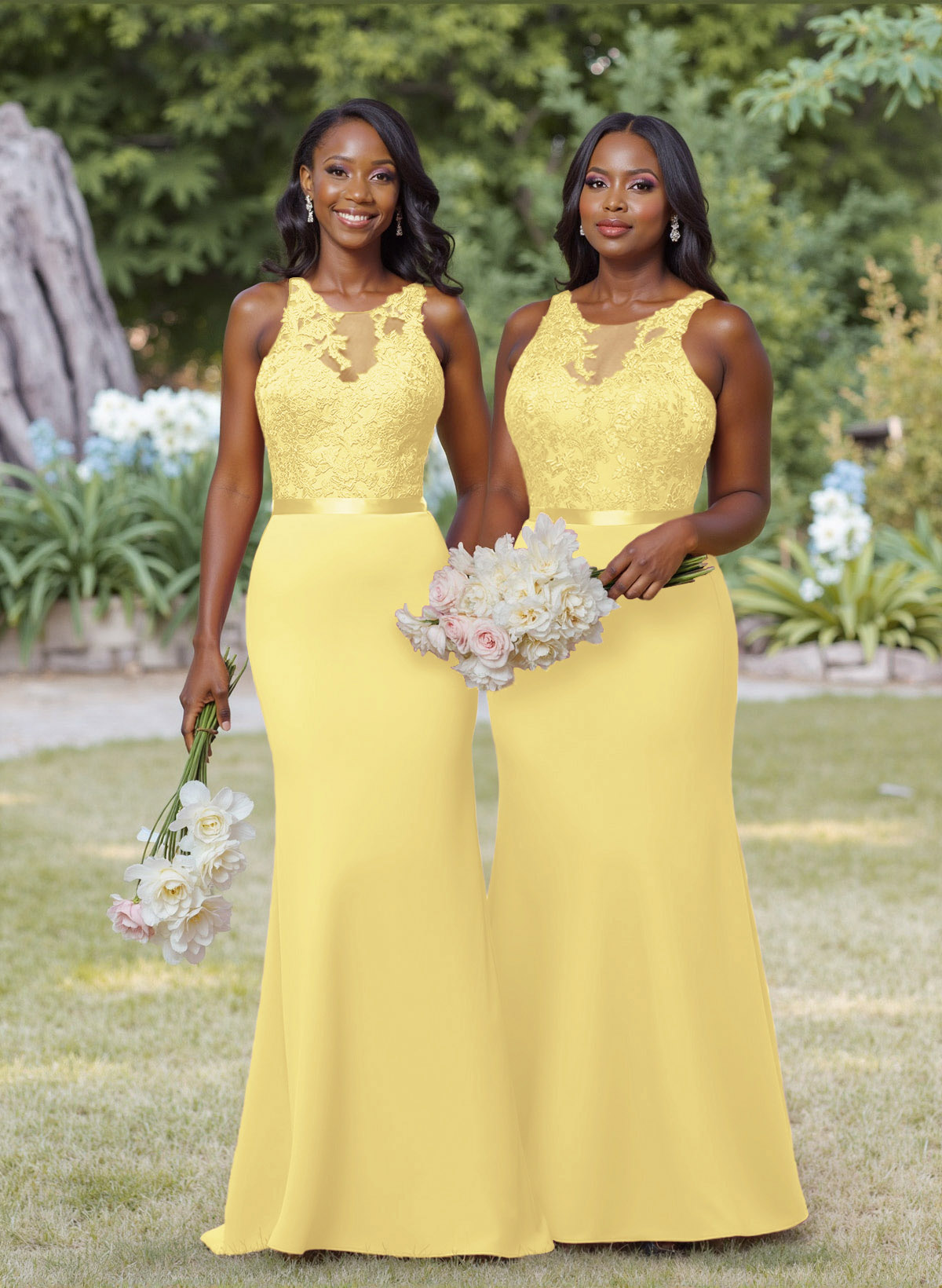 Exquisite Illusion Neck Cutout On The Back Elastic Satin Bridesmaid Dresses With Lace, product image 31
