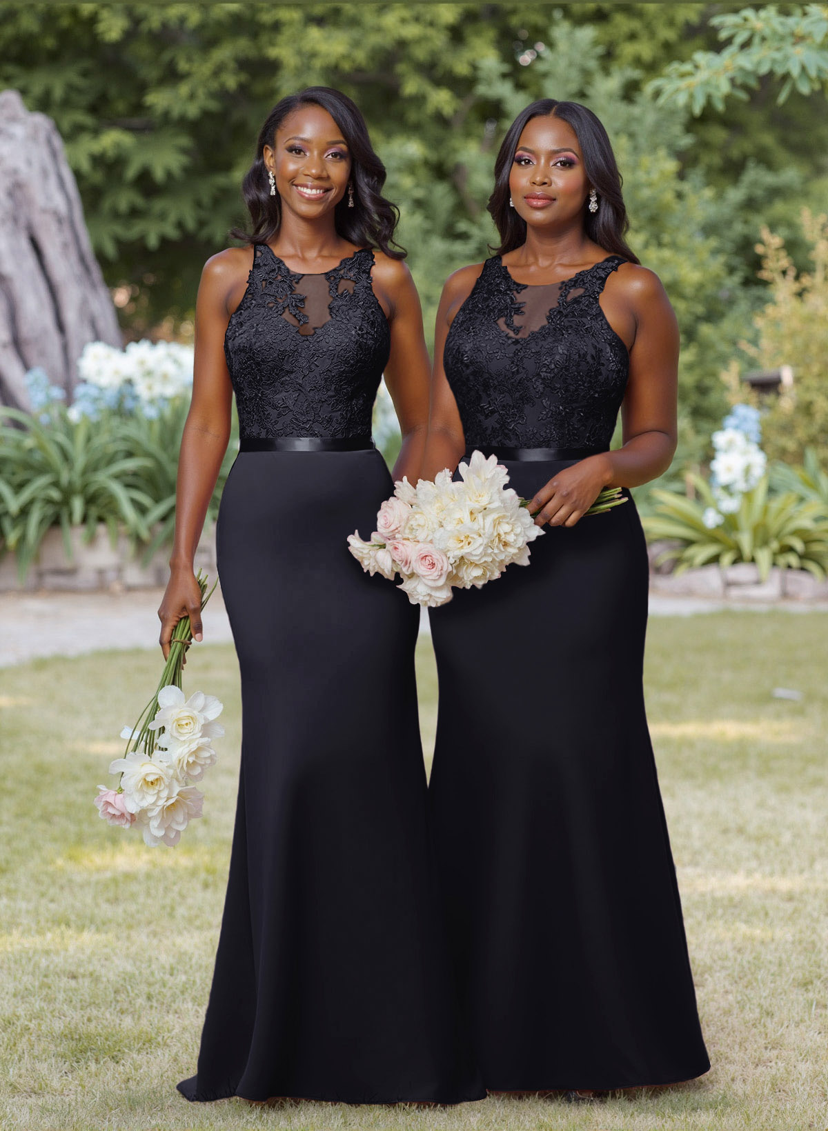 Exquisite Illusion Neck Cutout On The Back Elastic Satin Bridesmaid Dresses With Lace, product image 6