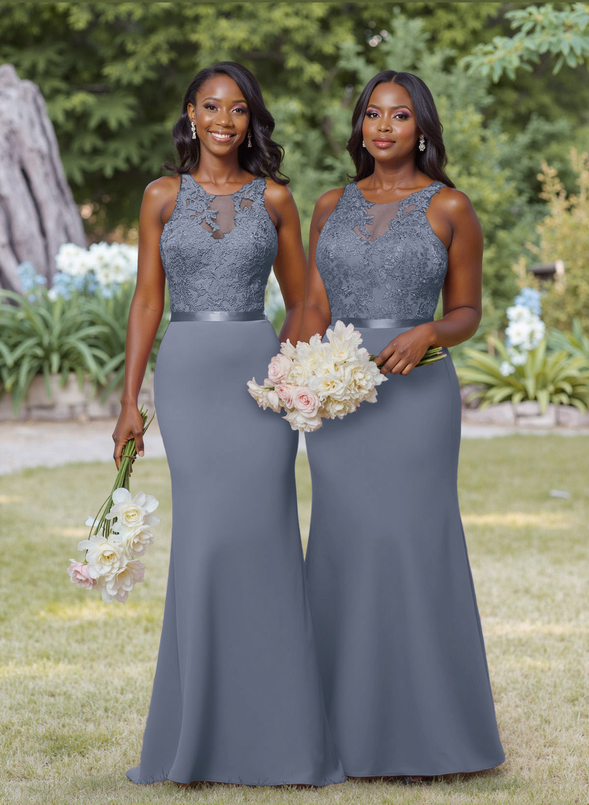 Exquisite Illusion Neck Cutout On The Back Elastic Satin Bridesmaid Dresses With Lace, product image 17