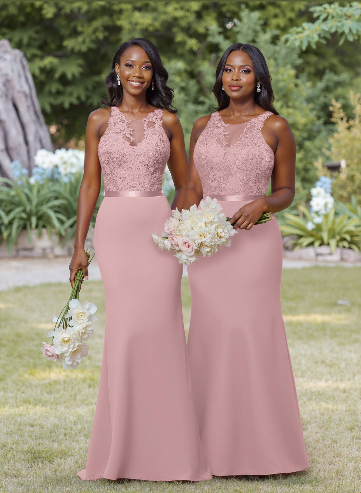 Exquisite Illusion Neck Cutout On The Back Elastic Satin Bridesmaid Dresses With Lace, product image 10