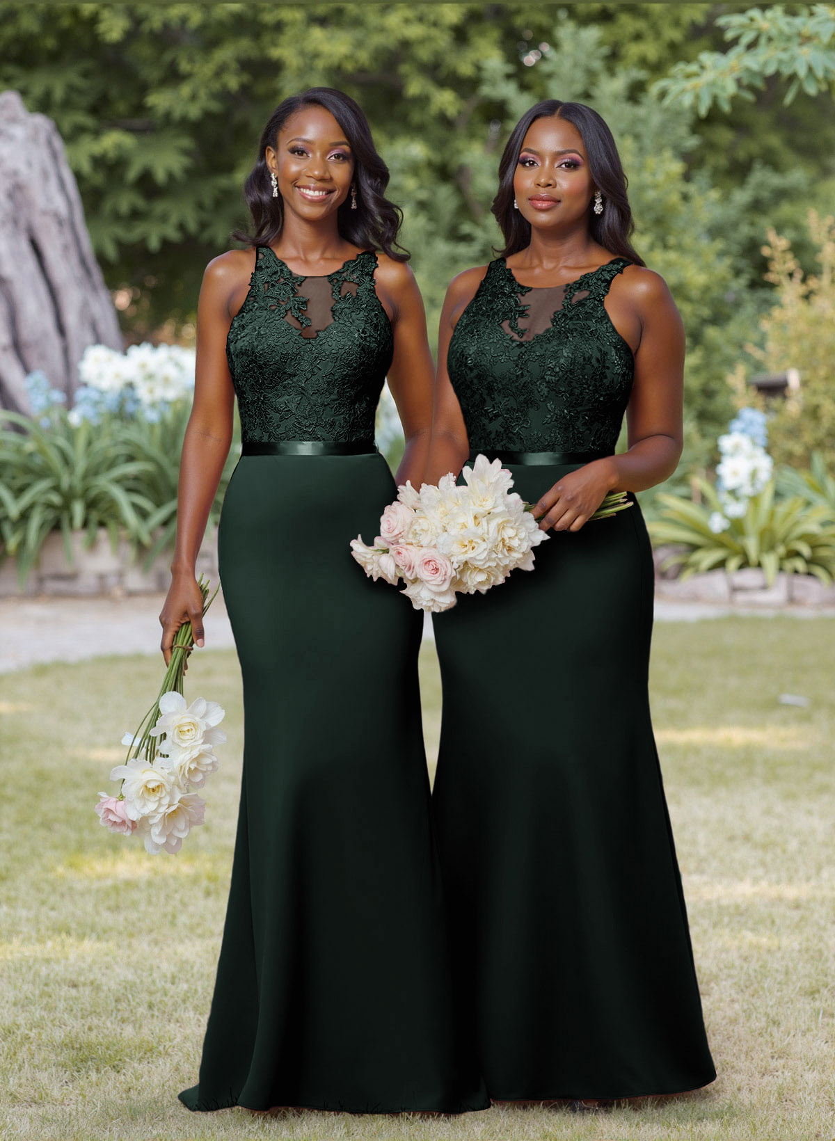 Exquisite Illusion Neck Cutout On The Back Elastic Satin Bridesmaid Dresses With Lace, product image 56