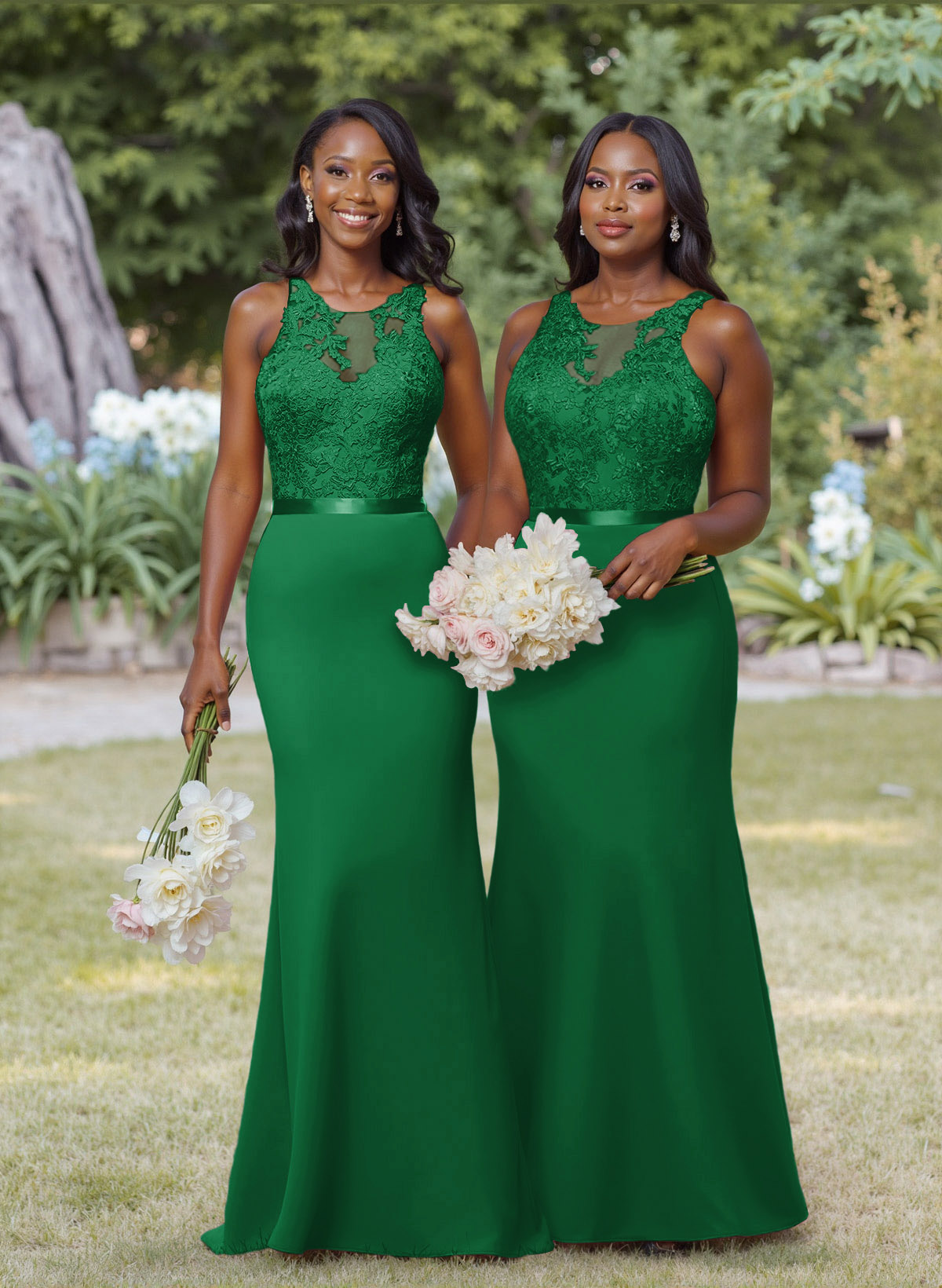 Exquisite Illusion Neck Cutout On The Back Elastic Satin Bridesmaid Dresses With Lace, product image 55