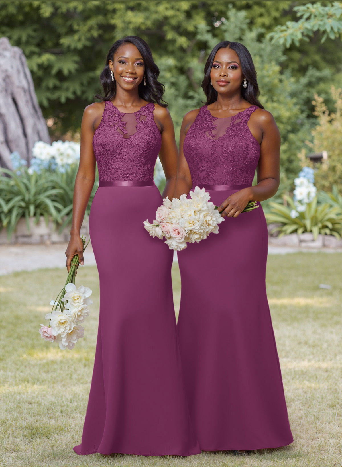 Exquisite Illusion Neck Cutout On The Back Elastic Satin Bridesmaid Dresses With Lace, product image 38