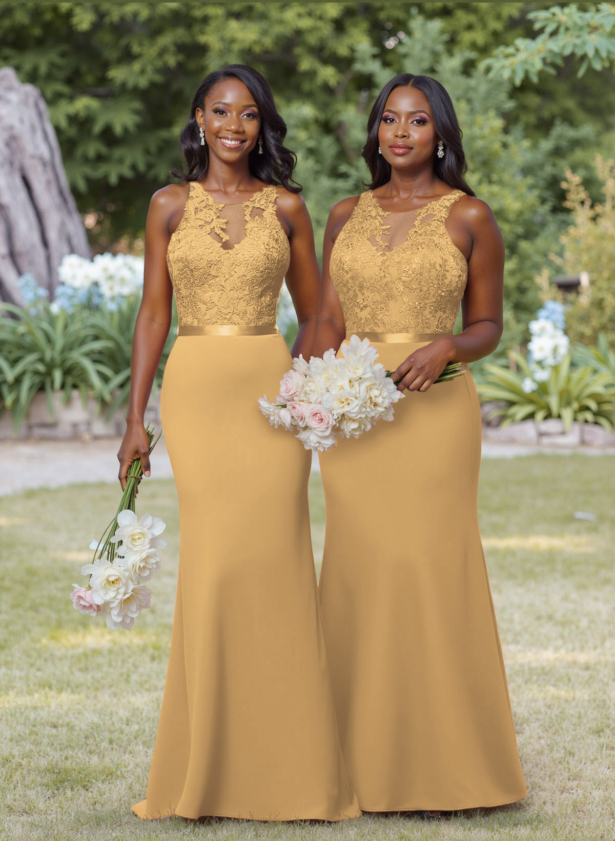 Exquisite Illusion Neck Cutout On The Back Elastic Satin Bridesmaid Dresses With Lace, product image 40
