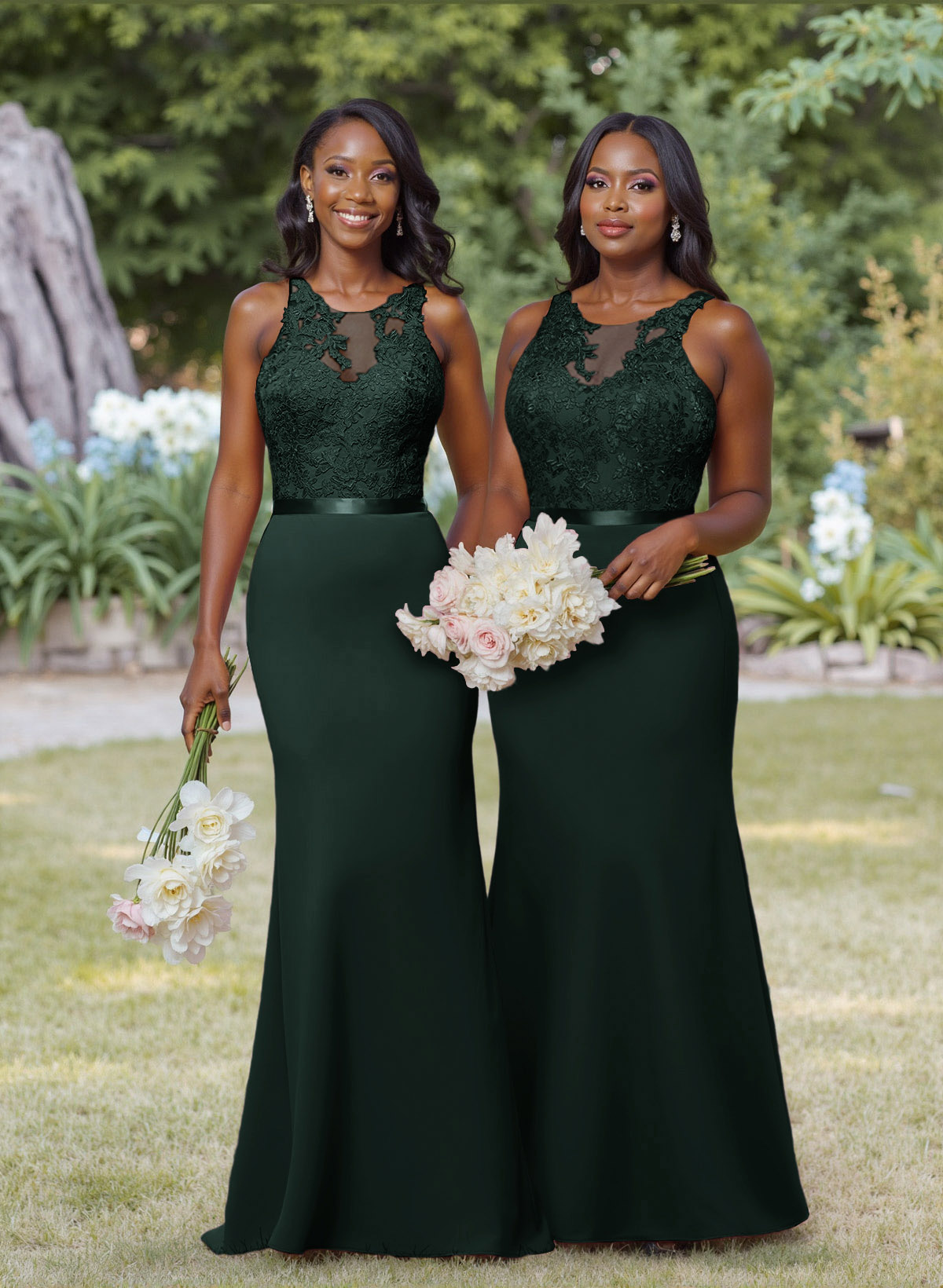 Exquisite Illusion Neck Cutout On The Back Elastic Satin Bridesmaid Dresses With Lace, product image 33