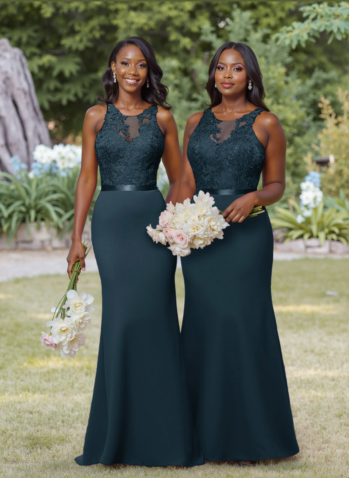 Exquisite Illusion Neck Cutout On The Back Elastic Satin Bridesmaid Dresses With Lace, product image 27