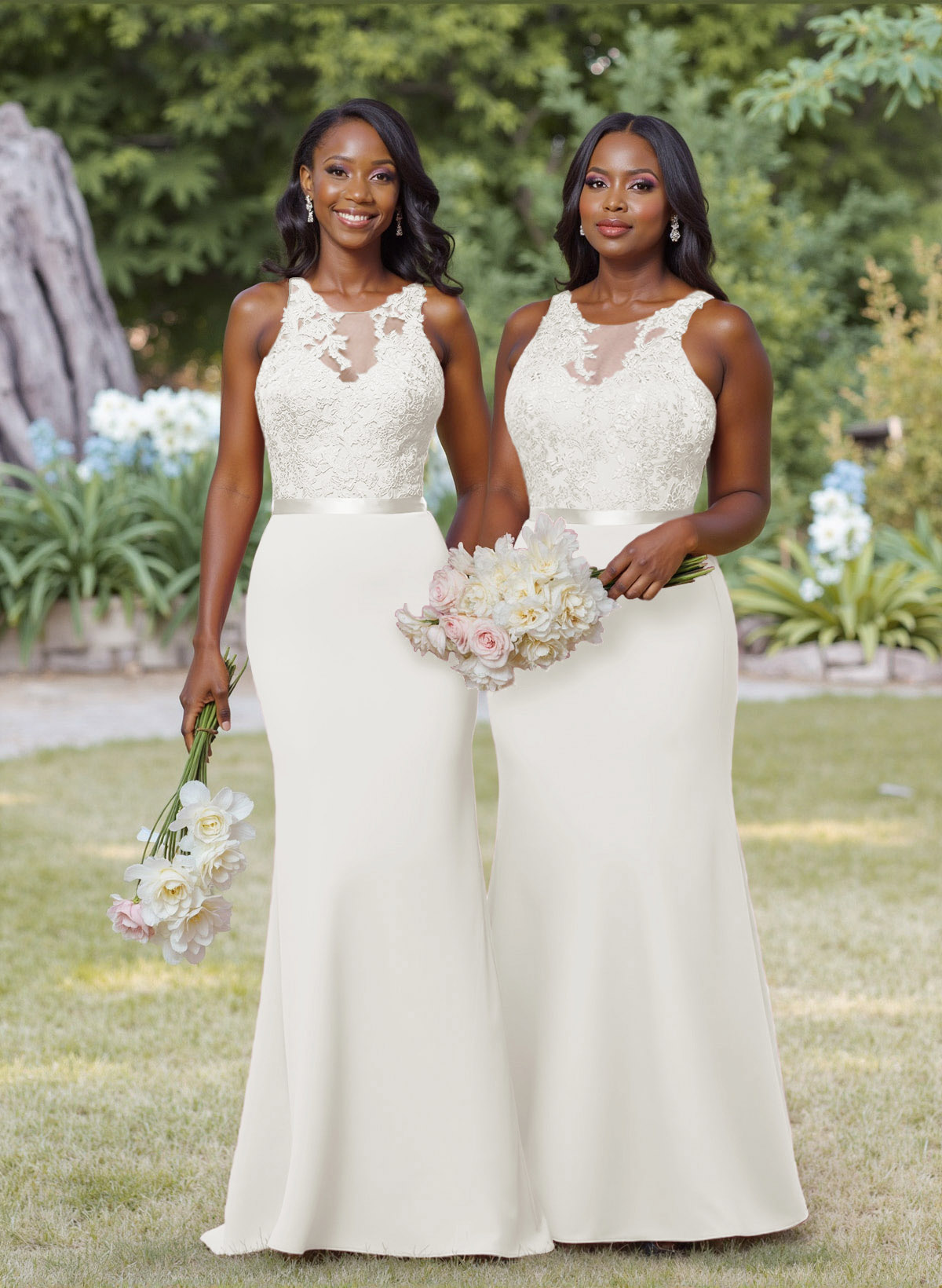 Exquisite Illusion Neck Cutout On The Back Elastic Satin Bridesmaid Dresses With Lace, product image 12