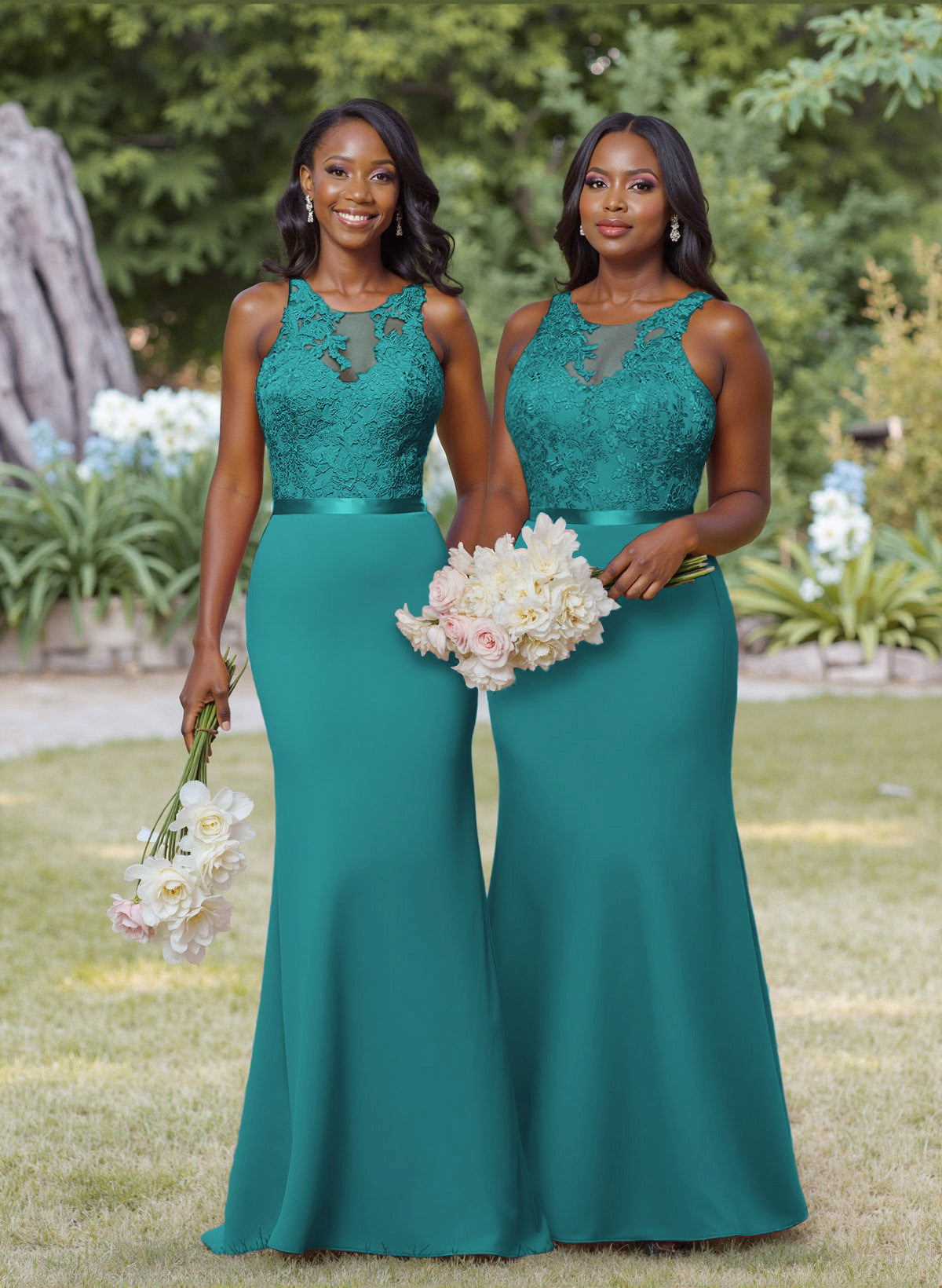 Exquisite Illusion Neck Cutout On The Back Elastic Satin Bridesmaid Dresses With Lace, product image 32