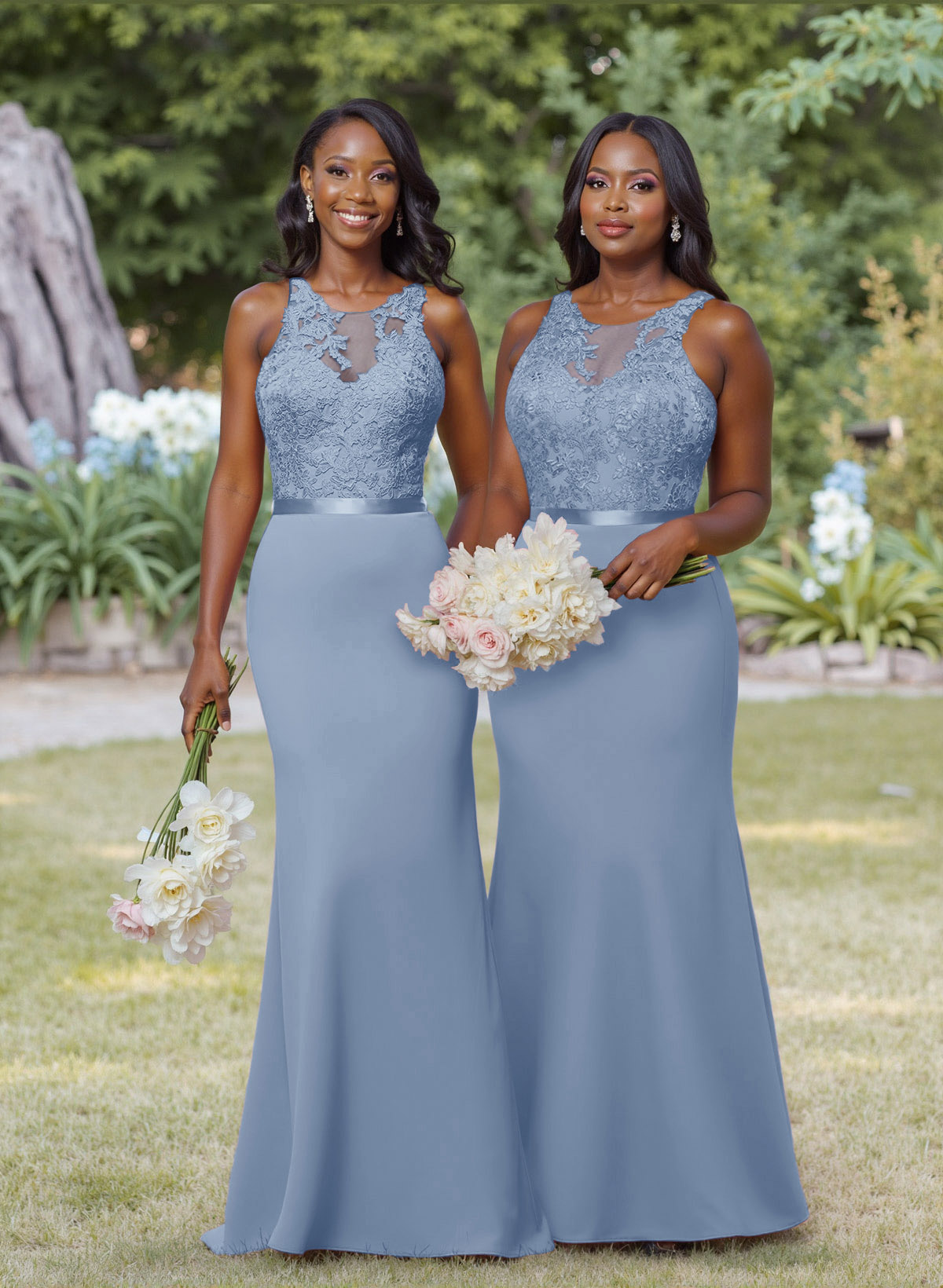 Exquisite Illusion Neck Cutout On The Back Elastic Satin Bridesmaid Dresses With Lace, product image 45