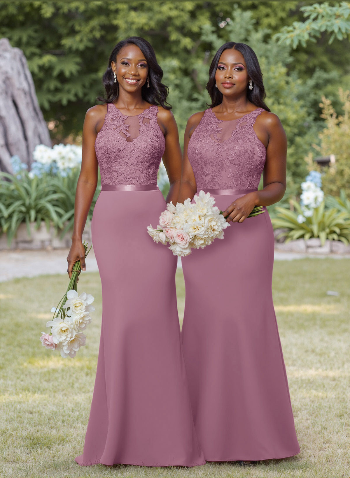 Exquisite Illusion Neck Cutout On The Back Elastic Satin Bridesmaid Dresses With Lace, product image 37