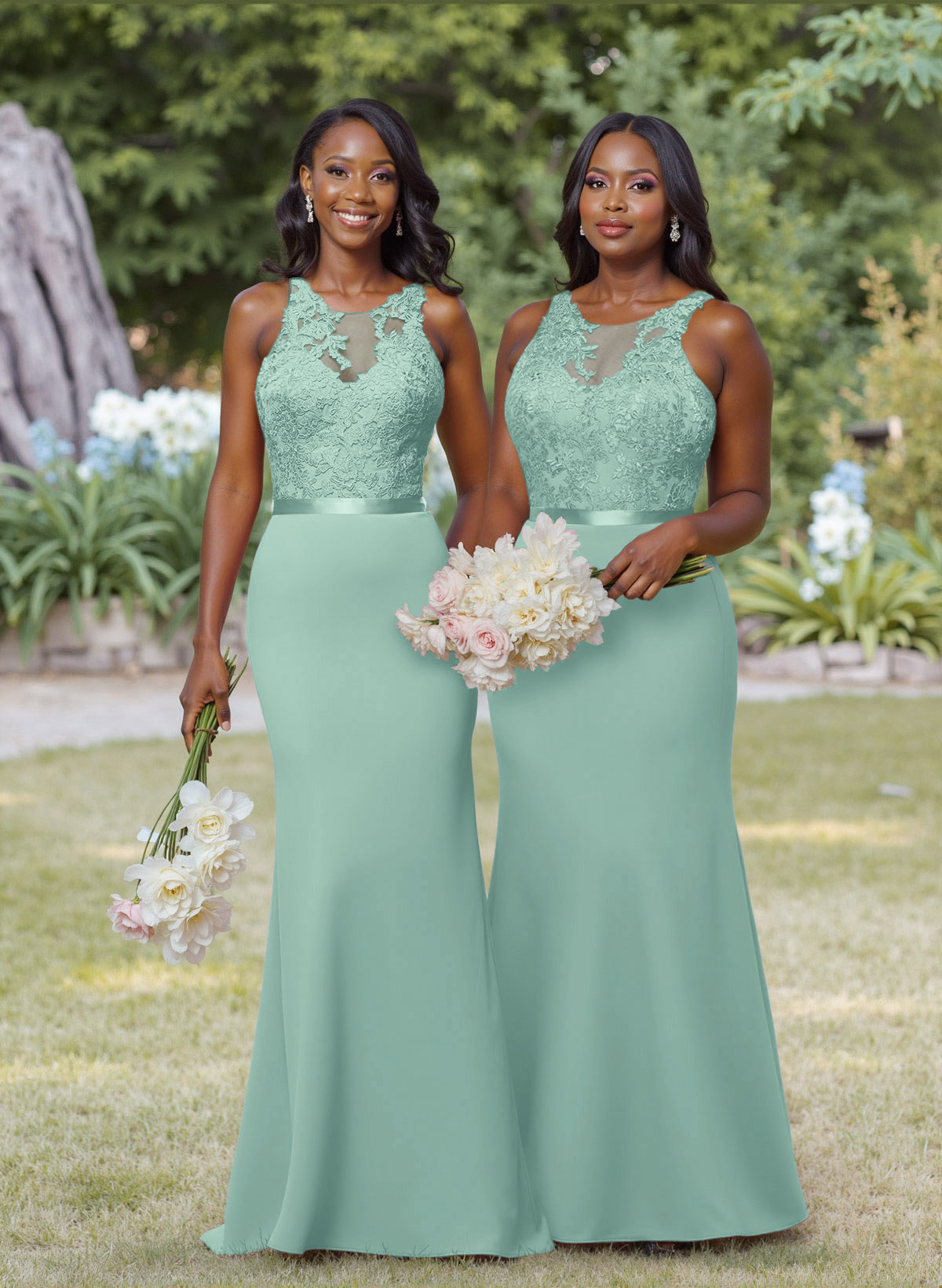 Exquisite Illusion Neck Cutout On The Back Elastic Satin Bridesmaid Dresses With Lace, product image 48