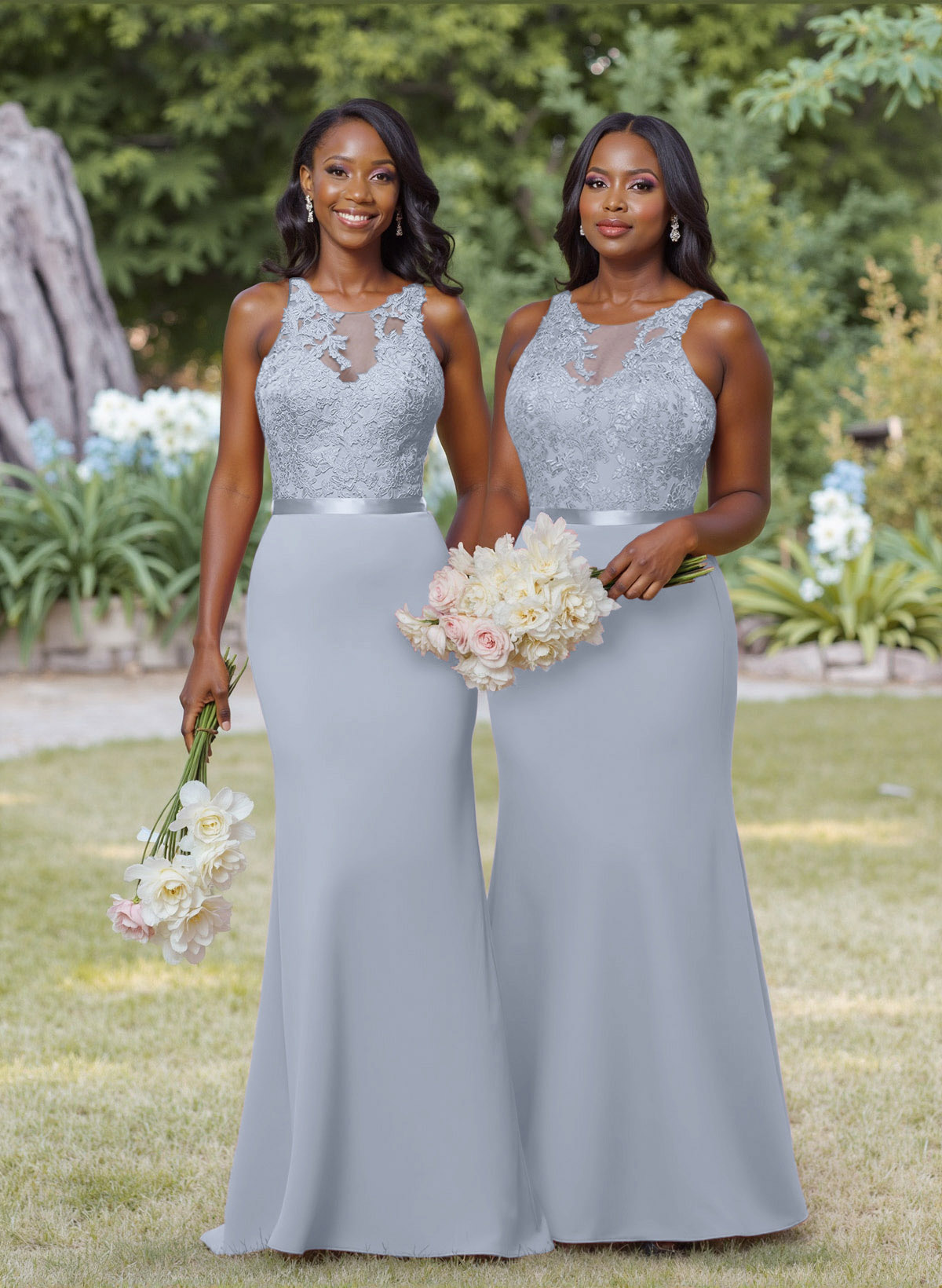 Exquisite Illusion Neck Cutout On The Back Elastic Satin Bridesmaid Dresses With Lace, product image 44