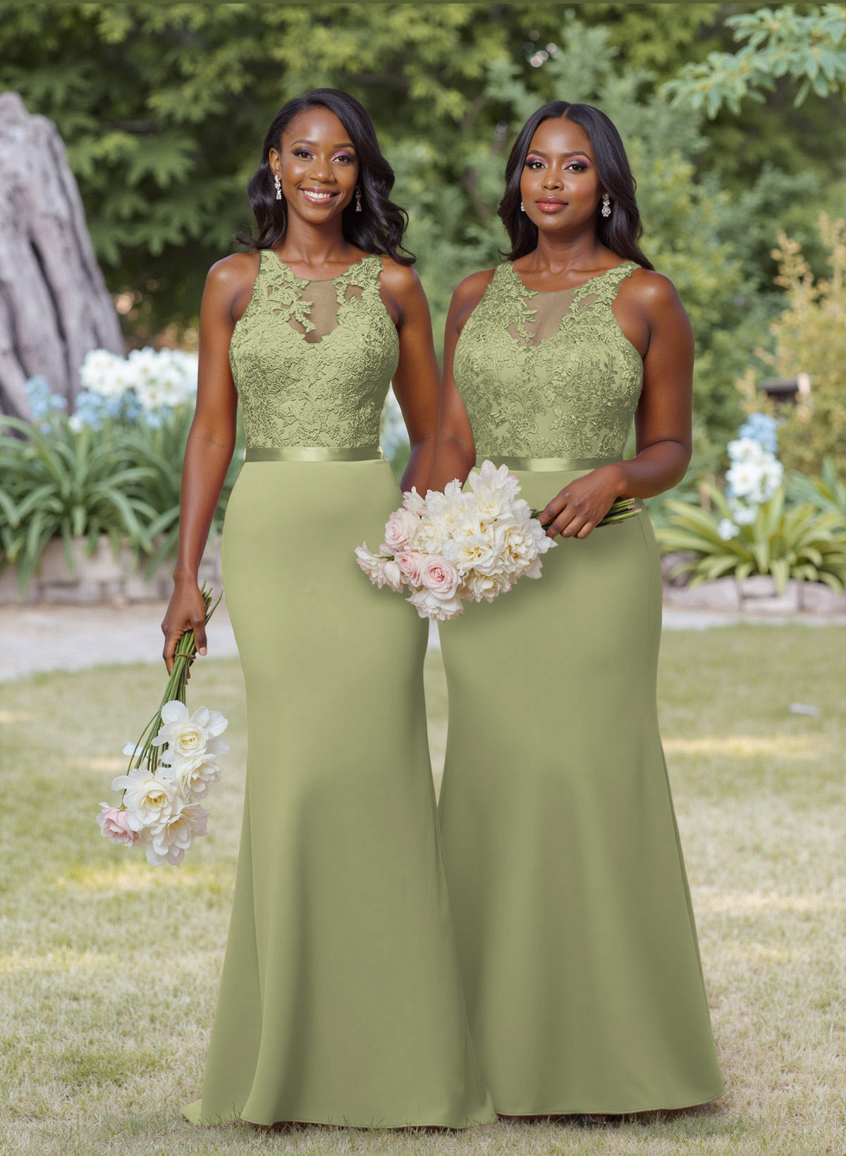 Exquisite Illusion Neck Cutout On The Back Elastic Satin Bridesmaid Dresses With Lace, product image 57
