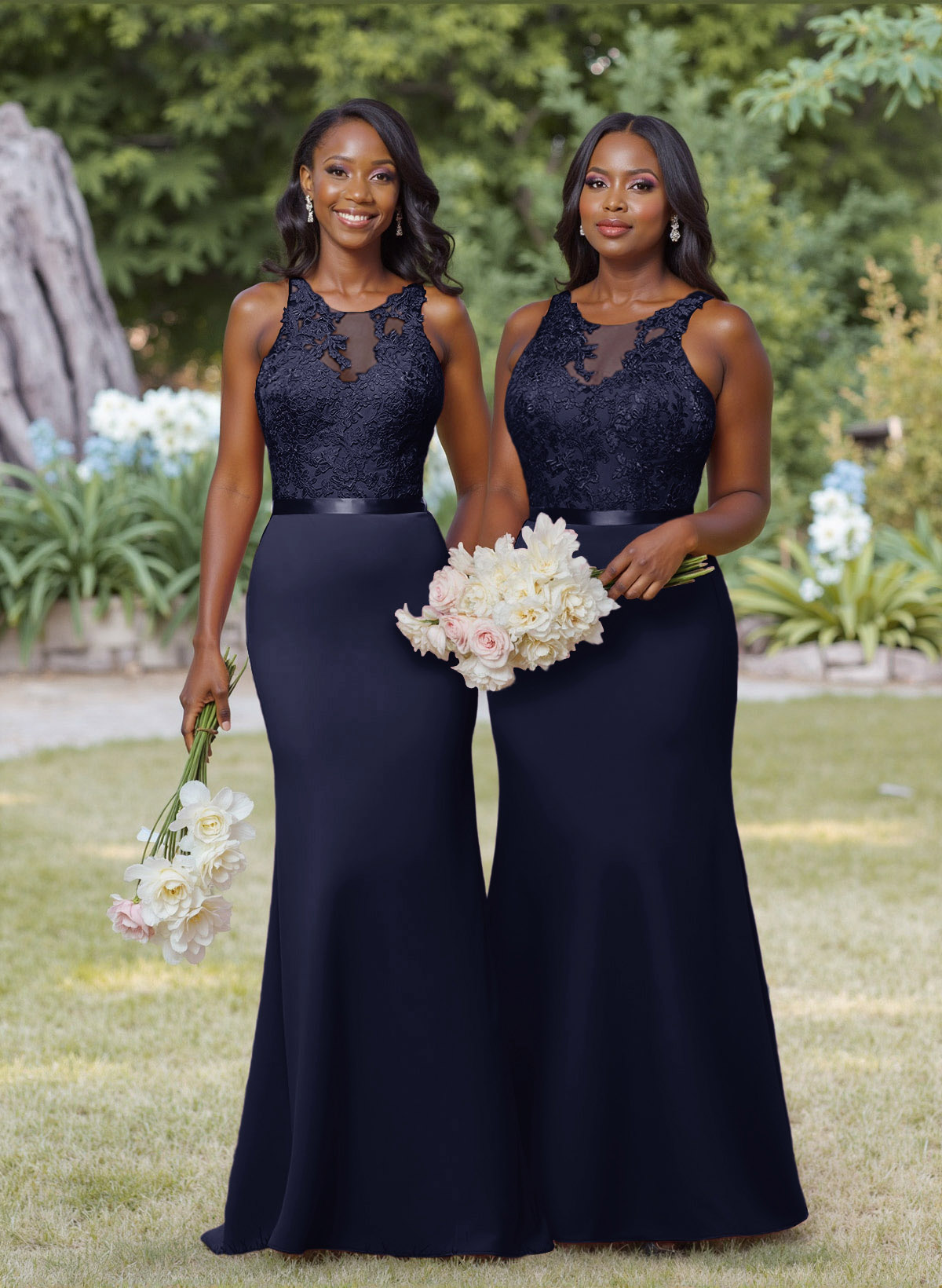 Exquisite Illusion Neck Cutout On The Back Elastic Satin Bridesmaid Dresses With Lace, product image 29