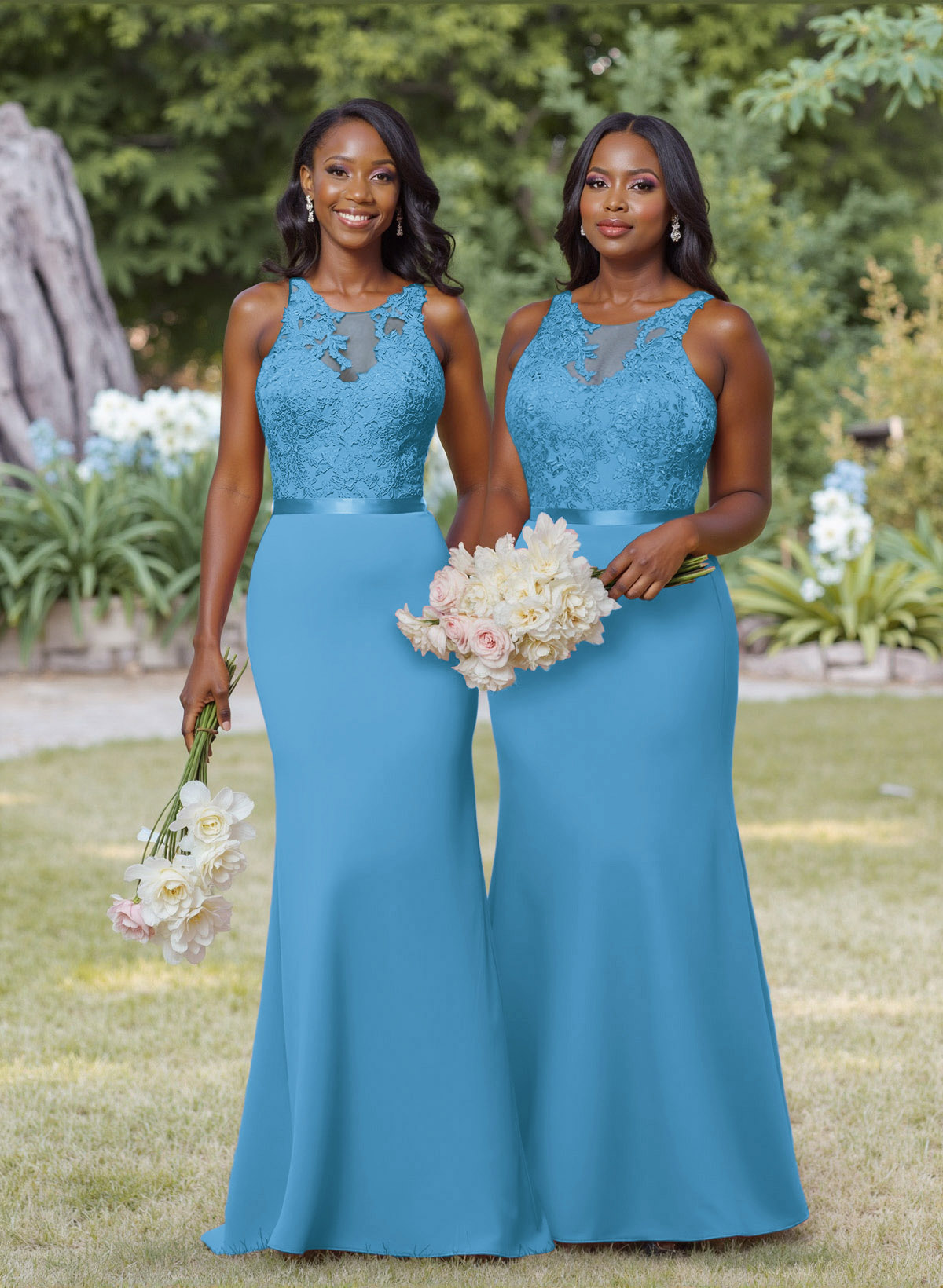 Exquisite Illusion Neck Cutout On The Back Elastic Satin Bridesmaid Dresses With Lace, product image 46