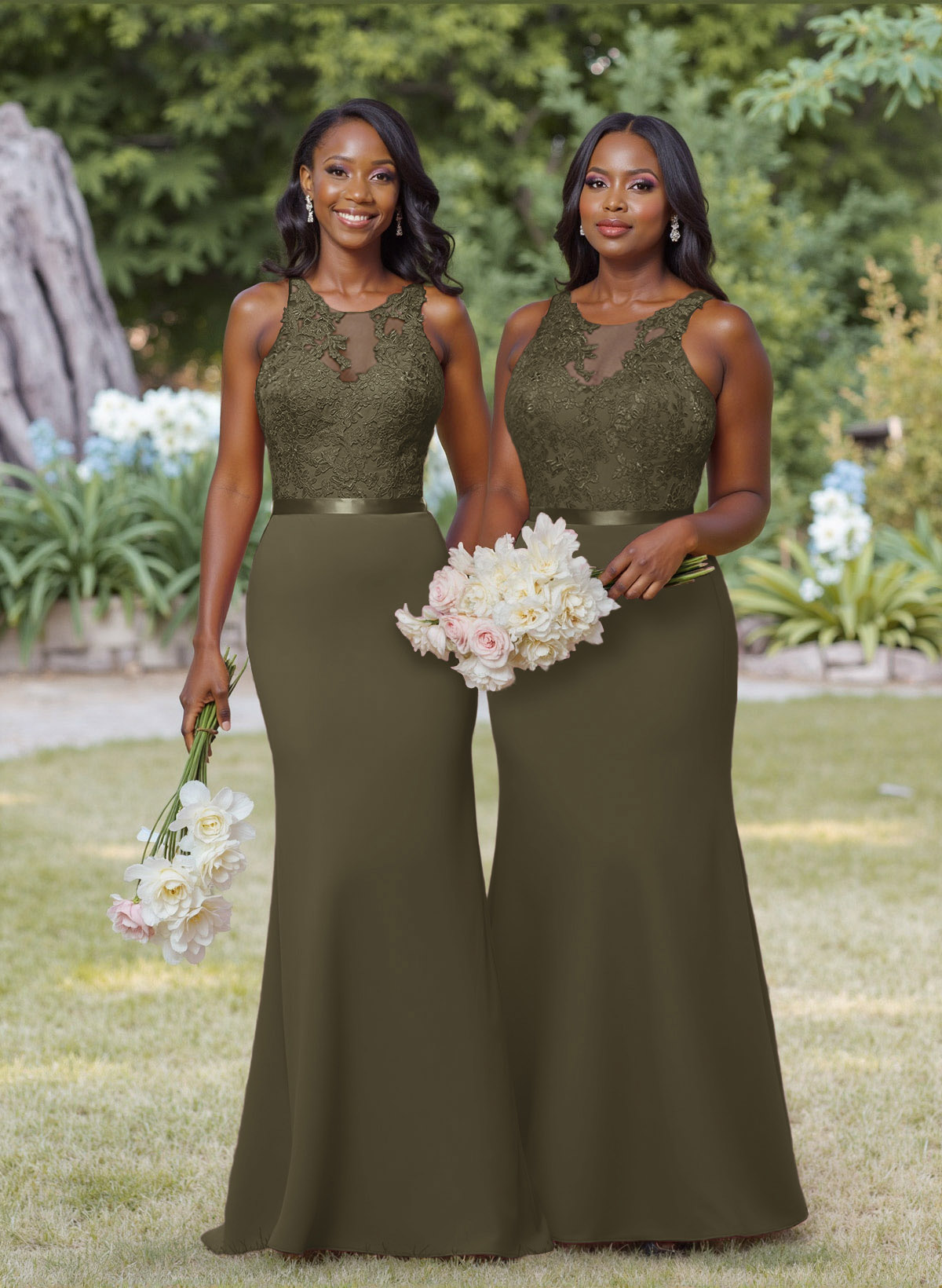 Exquisite Illusion Neck Cutout On The Back Elastic Satin Bridesmaid Dresses With Lace, product image 52