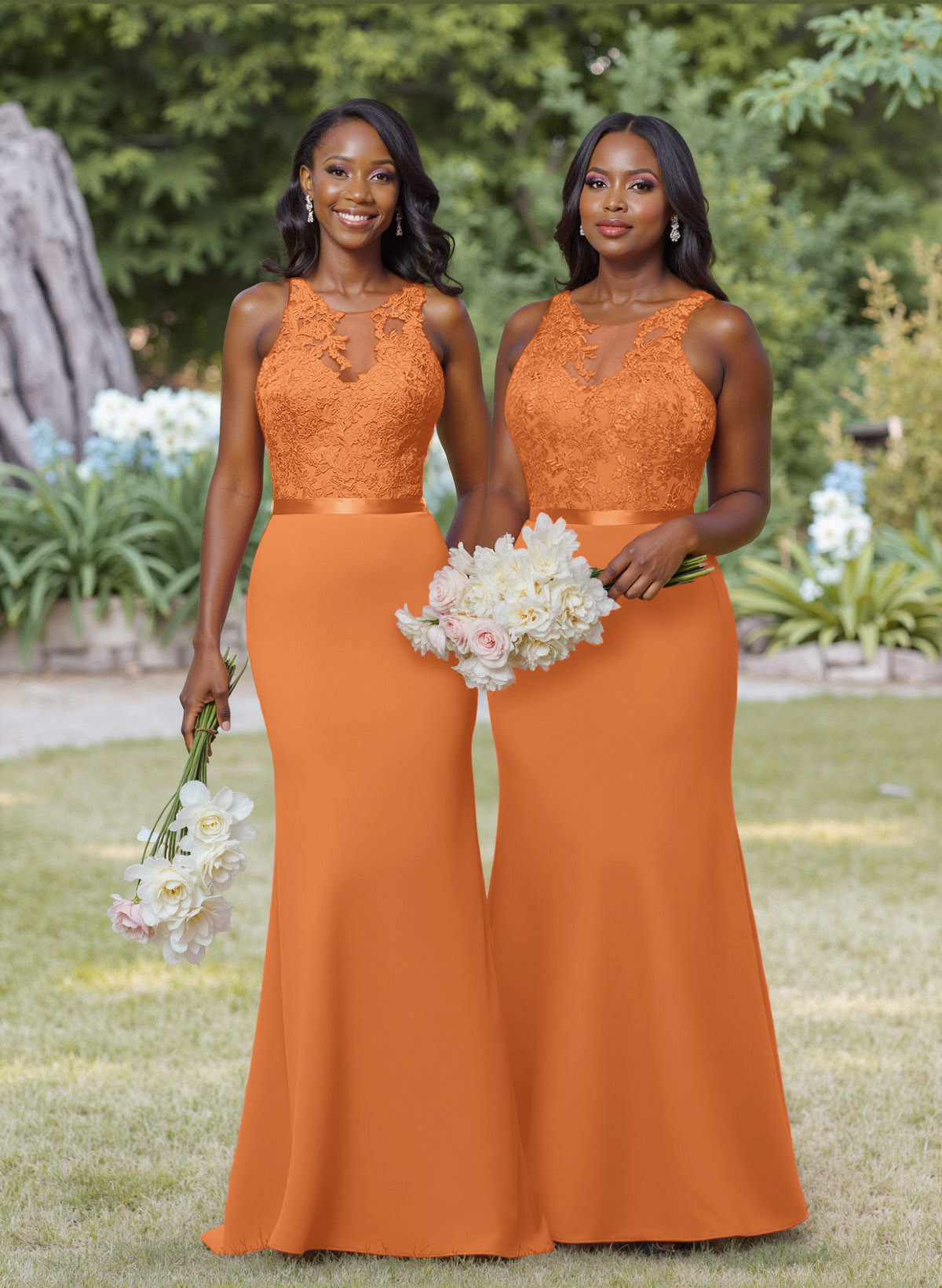 Exquisite Illusion Neck Cutout On The Back Elastic Satin Bridesmaid Dresses With Lace, product image 47