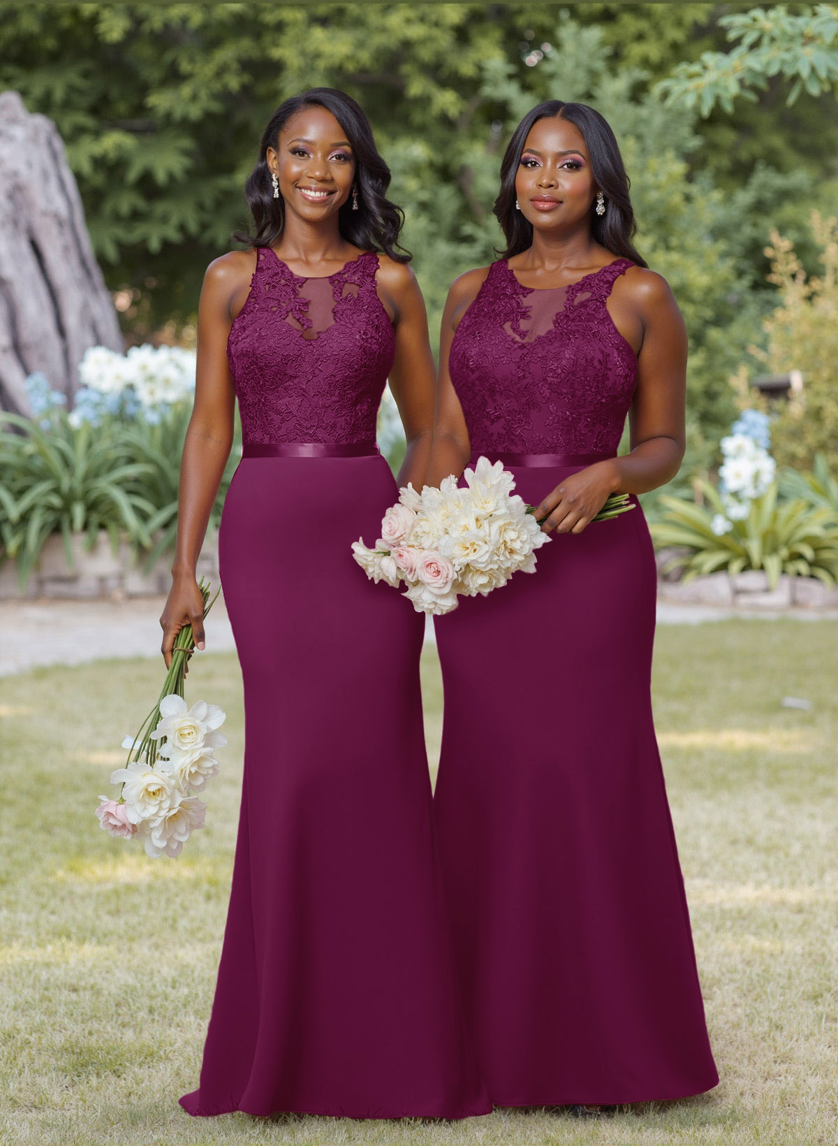 Exquisite Illusion Neck Cutout On The Back Elastic Satin Bridesmaid Dresses With Lace, product image 39
