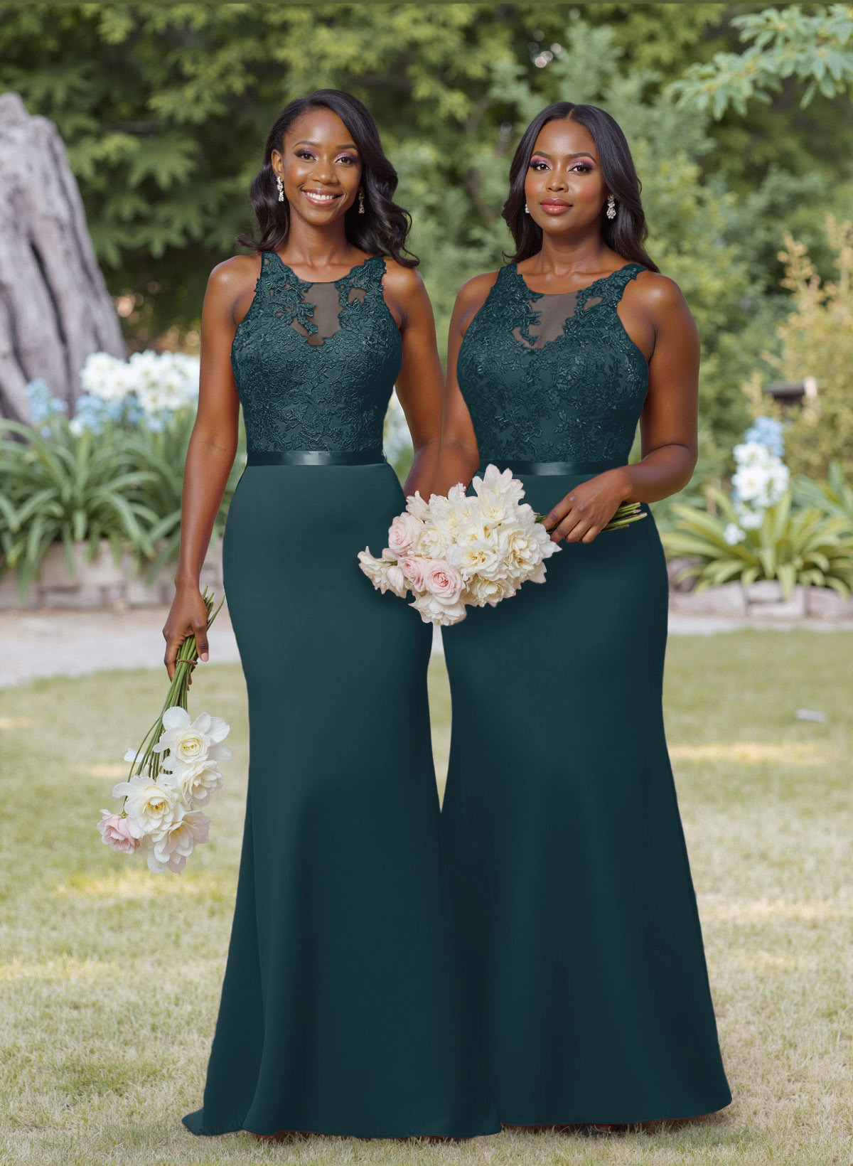 Exquisite Illusion Neck Cutout On The Back Elastic Satin Bridesmaid Dresses With Lace, product image 26