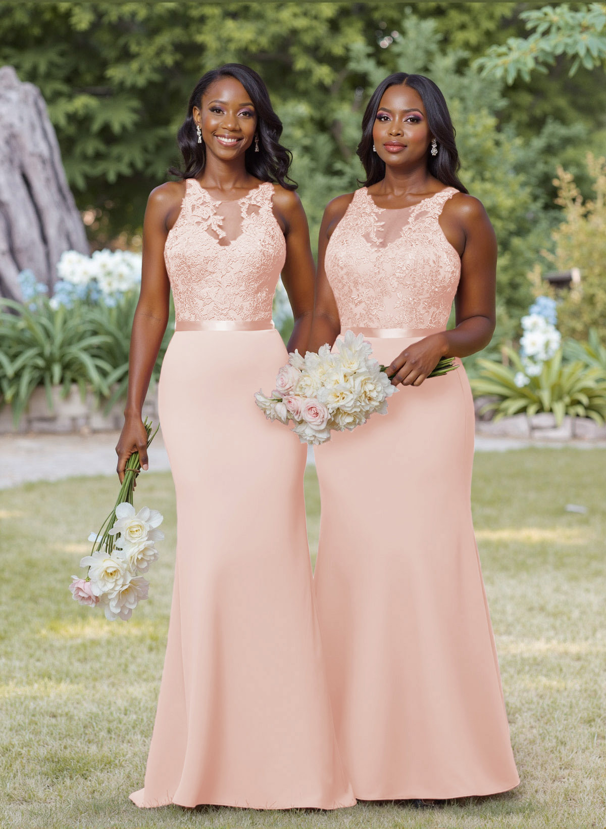 Exquisite Illusion Neck Cutout On The Back Elastic Satin Bridesmaid Dresses With Lace, product image 23
