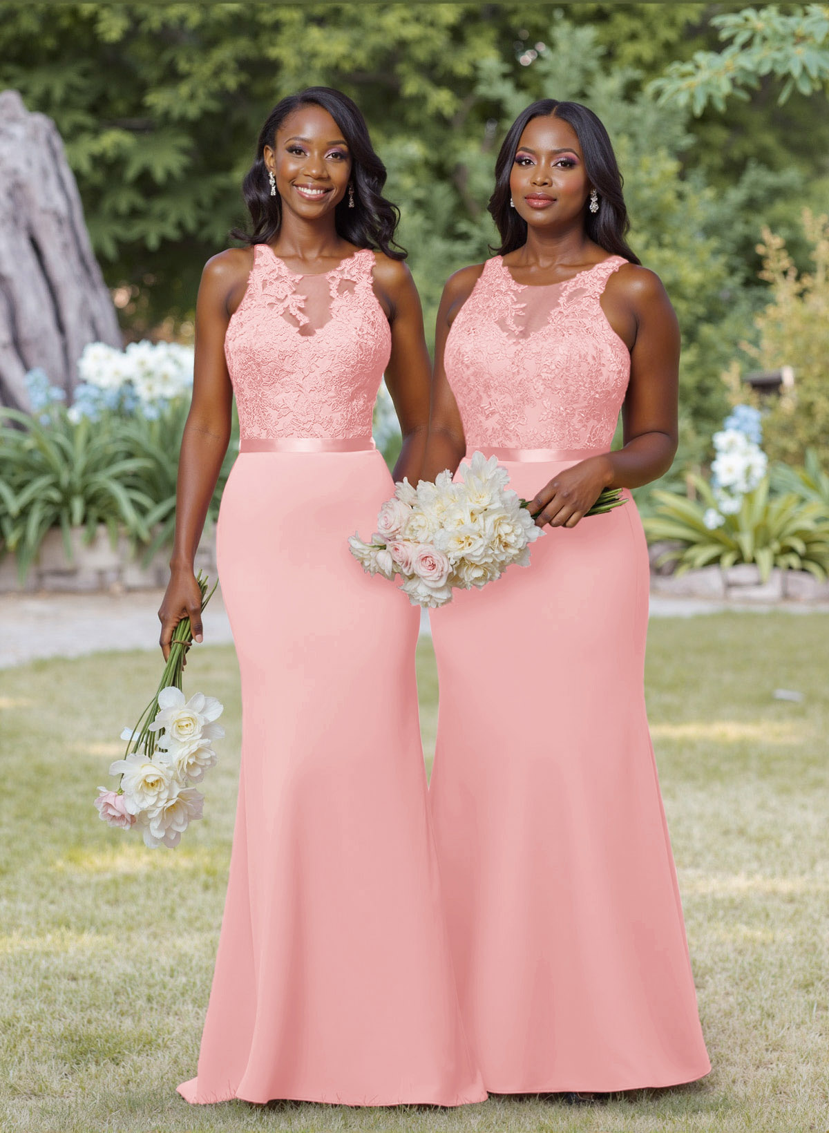 Exquisite Illusion Neck Cutout On The Back Elastic Satin Bridesmaid Dresses With Lace, product image 36