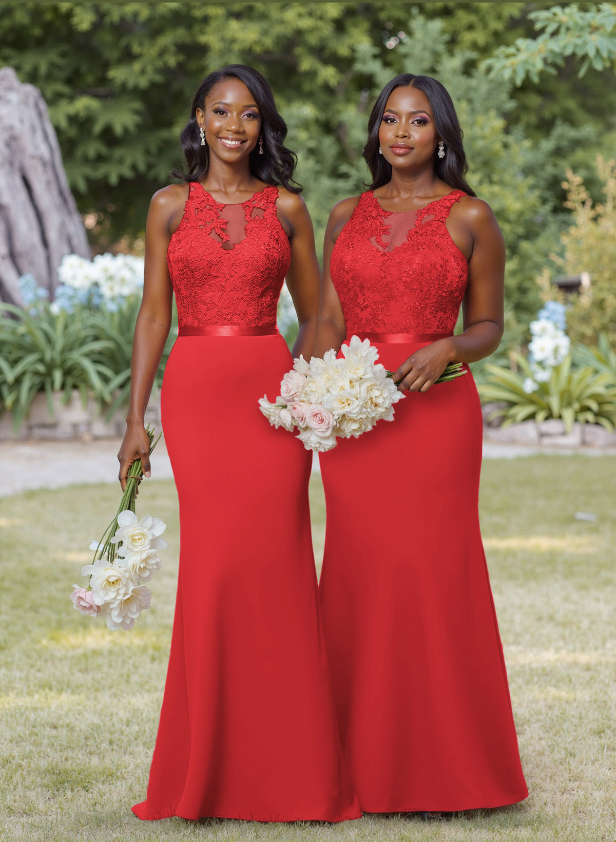 Exquisite Illusion Neck Cutout On The Back Elastic Satin Bridesmaid Dresses With Lace, product image 5