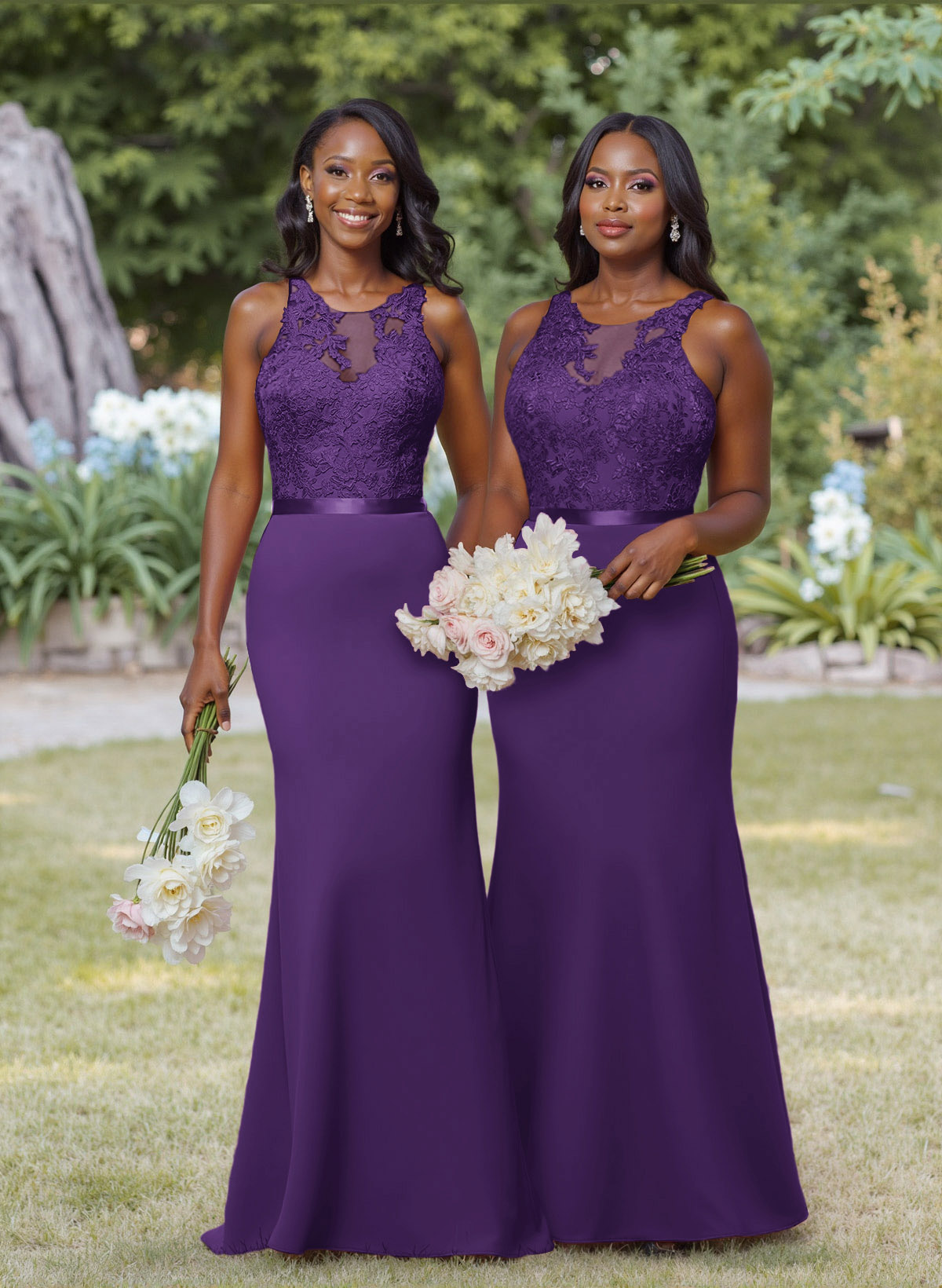 Exquisite Illusion Neck Cutout On The Back Elastic Satin Bridesmaid Dresses With Lace, product image 35