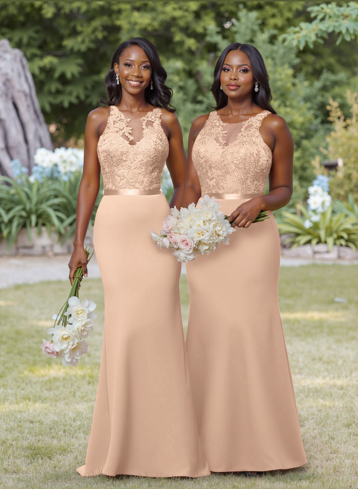 Exquisite Illusion Neck Cutout On The Back Elastic Satin Bridesmaid Dresses With Lace, product image 53