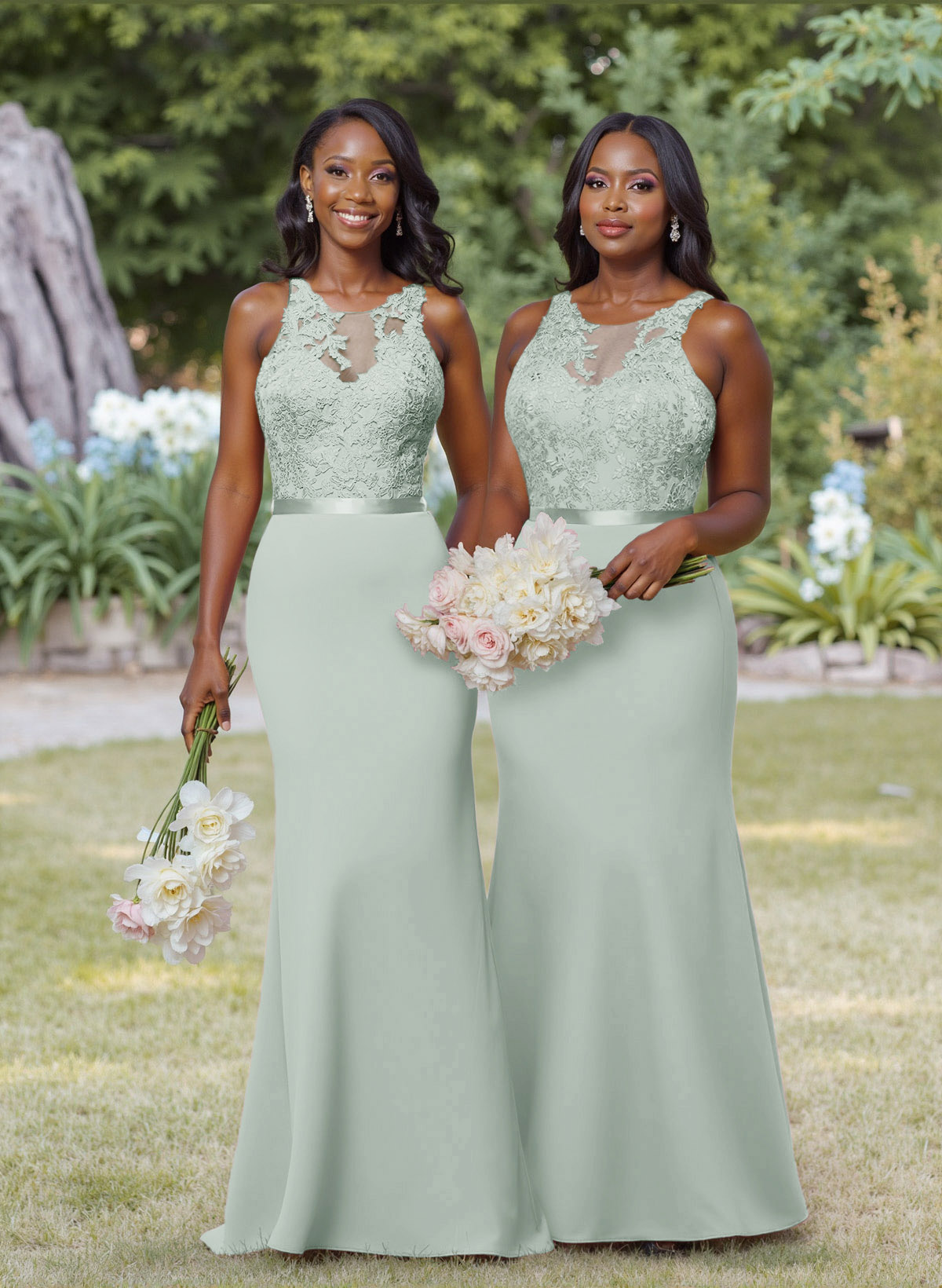 Exquisite Illusion Neck Cutout On The Back Elastic Satin Bridesmaid Dresses With Lace, product image 50