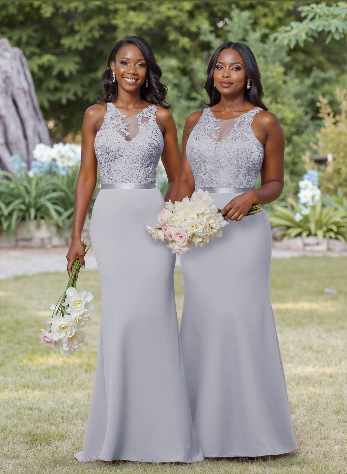 Exquisite Illusion Neck Cutout On The Back Elastic Satin Bridesmaid Dresses With Lace, product image 13