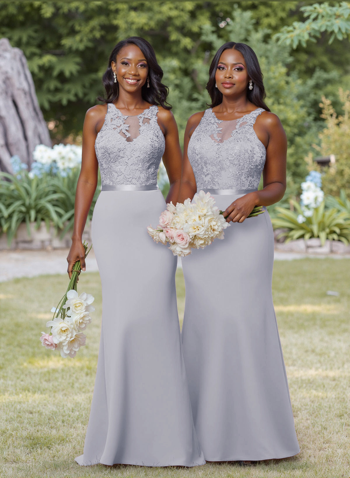 Exquisite Illusion Neck Cutout On The Back Elastic Satin Bridesmaid Dresses With Lace, product image 13