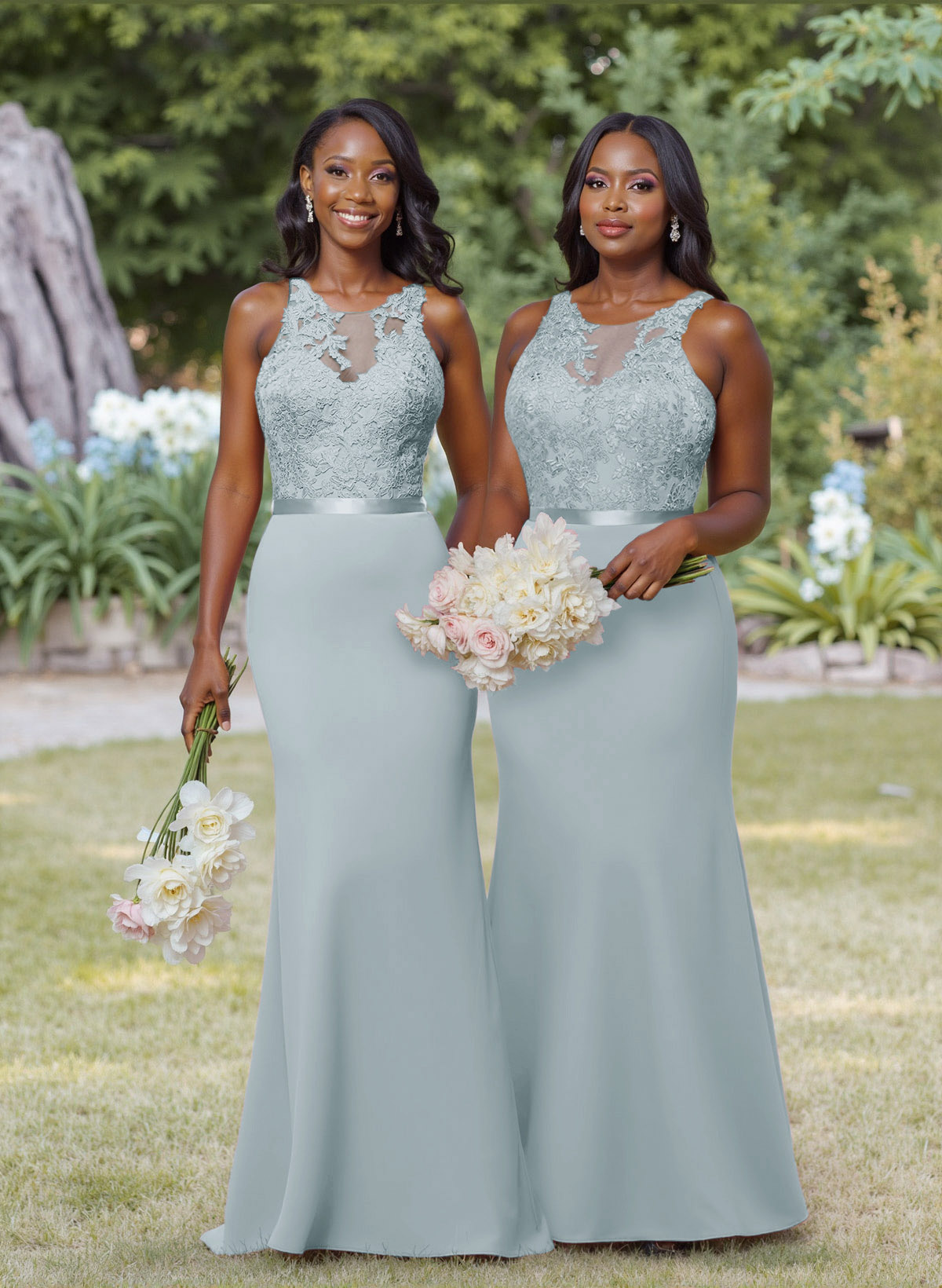 Exquisite Illusion Neck Cutout On The Back Elastic Satin Bridesmaid Dresses With Lace, product image 8