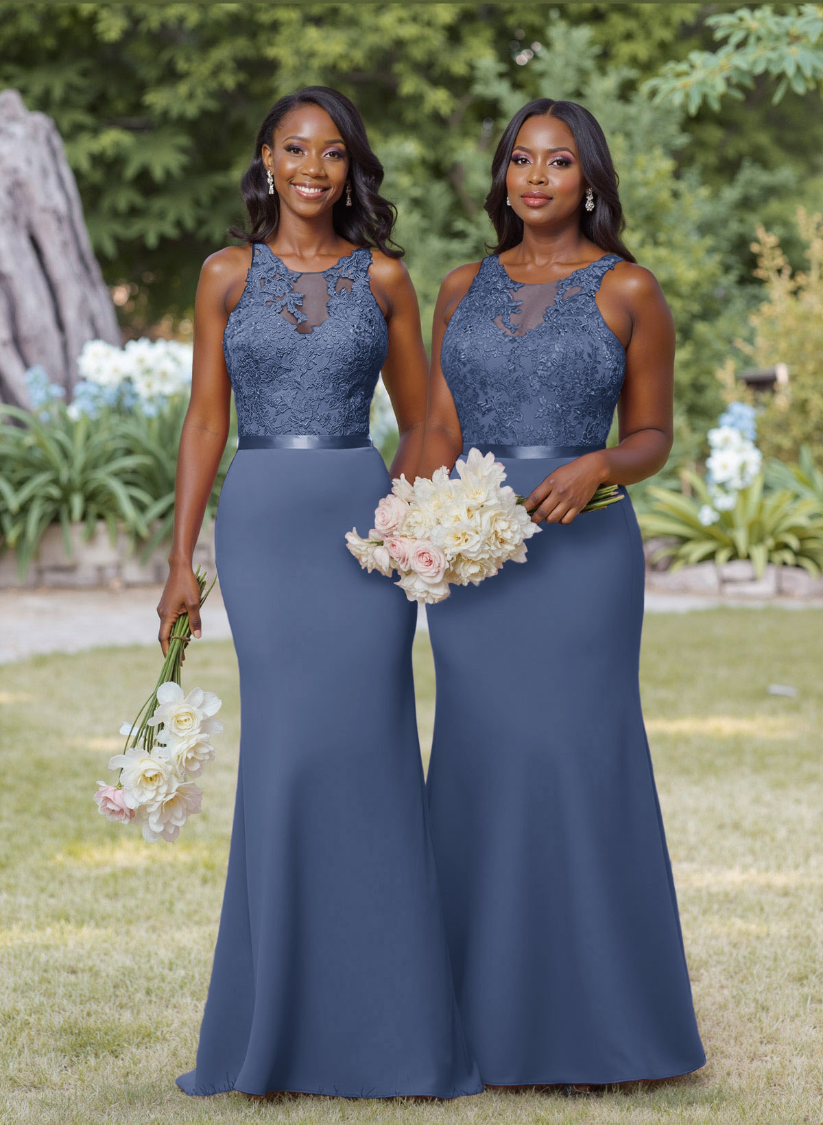 Exquisite Illusion Neck Cutout On The Back Elastic Satin Bridesmaid Dresses With Lace, product image 20