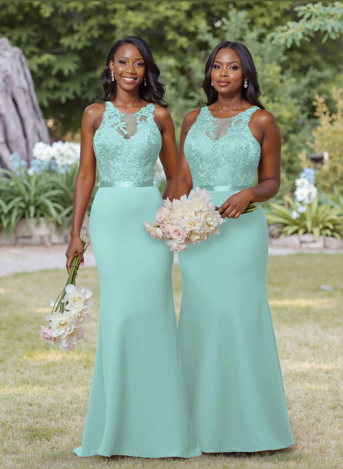 Exquisite Illusion Neck Cutout On The Back Elastic Satin Bridesmaid Dresses With Lace, product image 43