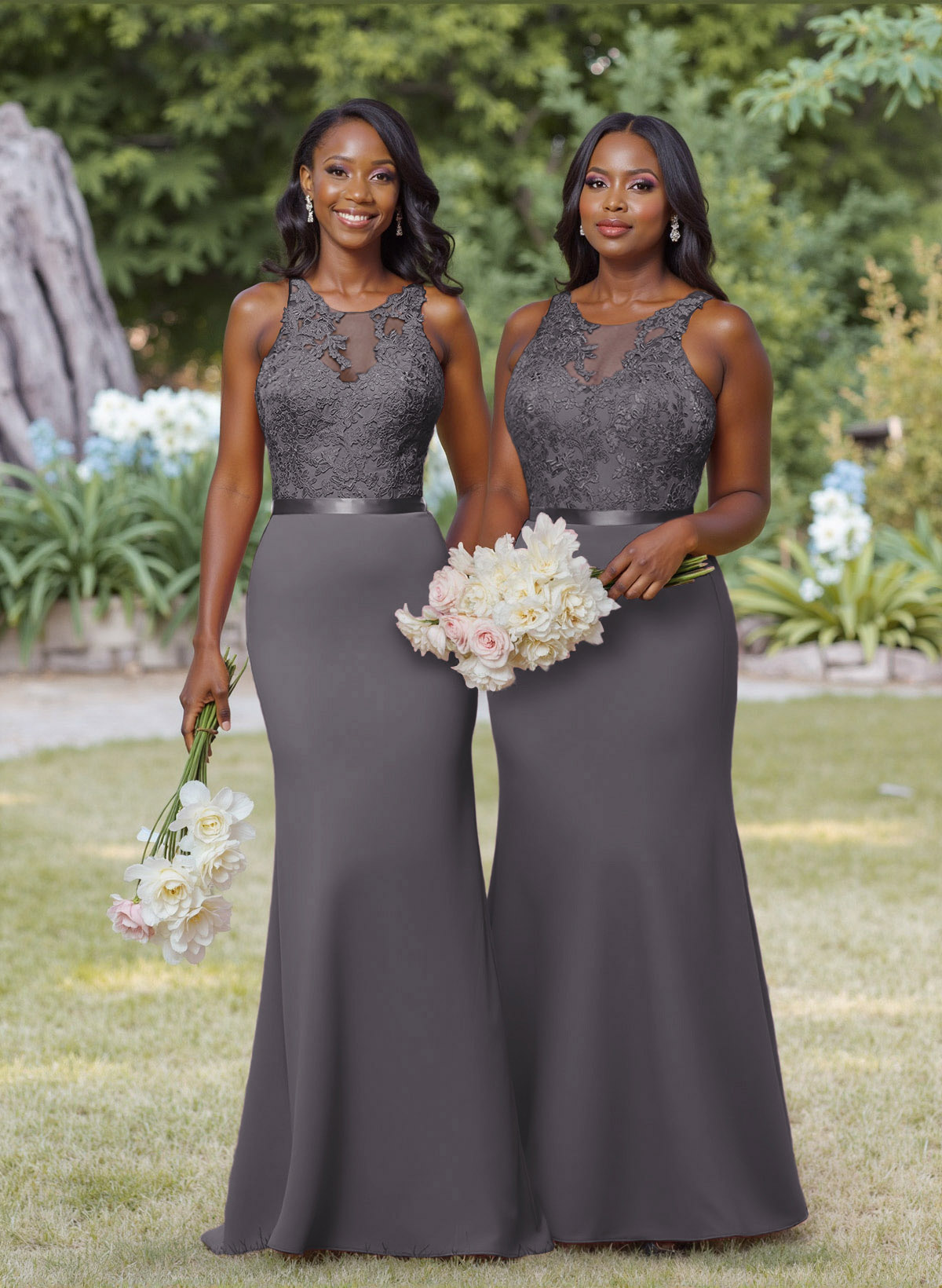 Exquisite Illusion Neck Cutout On The Back Elastic Satin Bridesmaid Dresses With Lace, product image 25