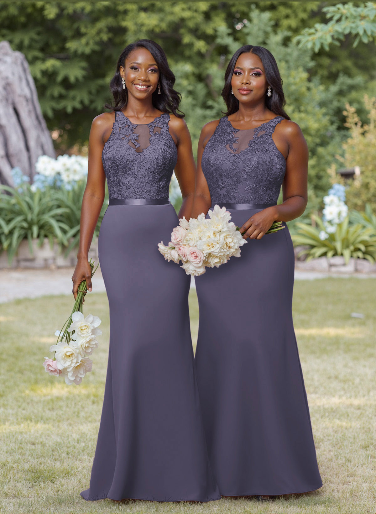 Exquisite Illusion Neck Cutout On The Back Elastic Satin Bridesmaid Dresses With Lace, product image 30