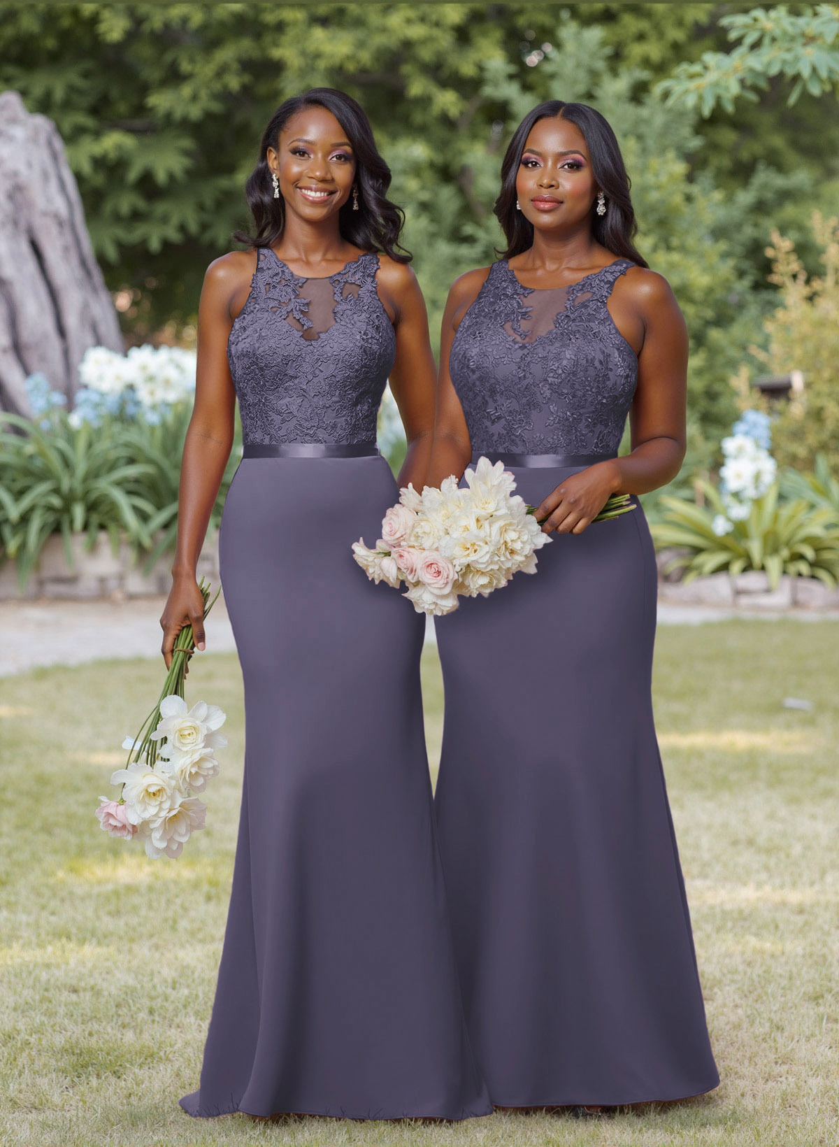 Exquisite Illusion Neck Cutout On The Back Elastic Satin Bridesmaid Dresses With Lace, product image 30