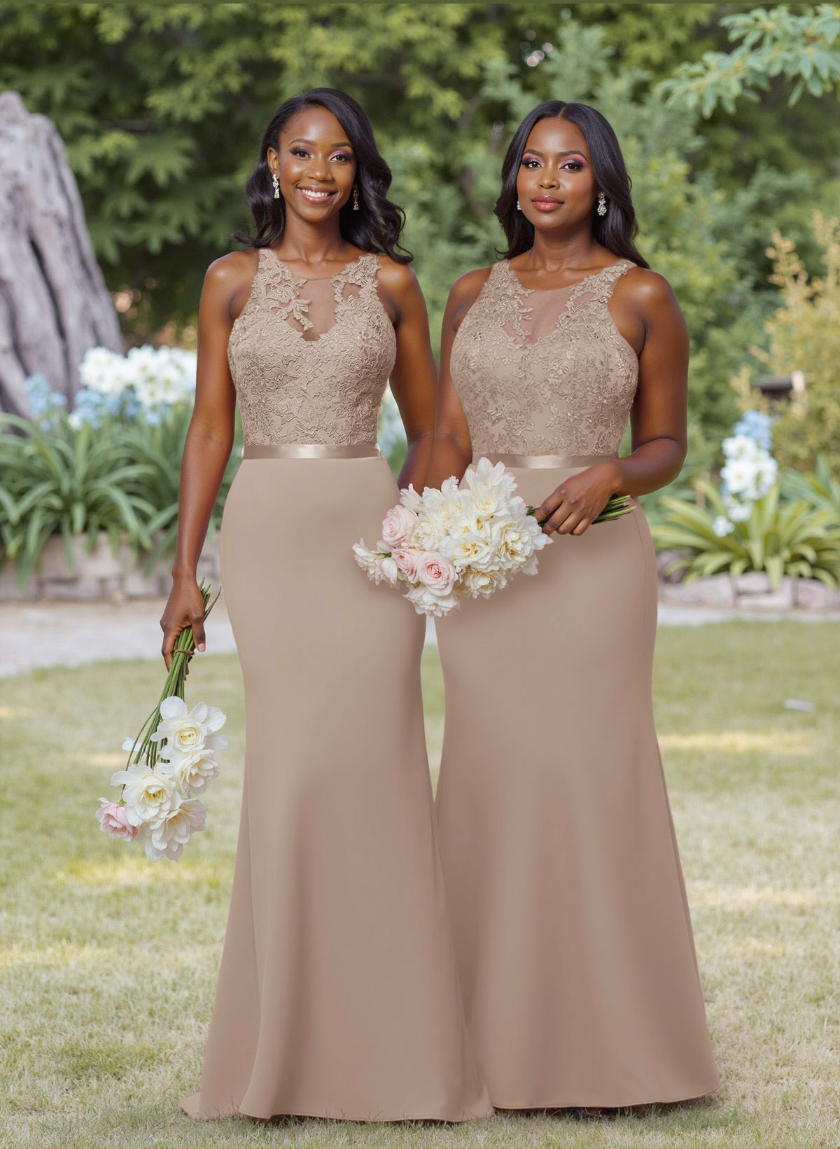 Exquisite Illusion Neck Cutout On The Back Elastic Satin Bridesmaid Dresses With Lace, product image 34