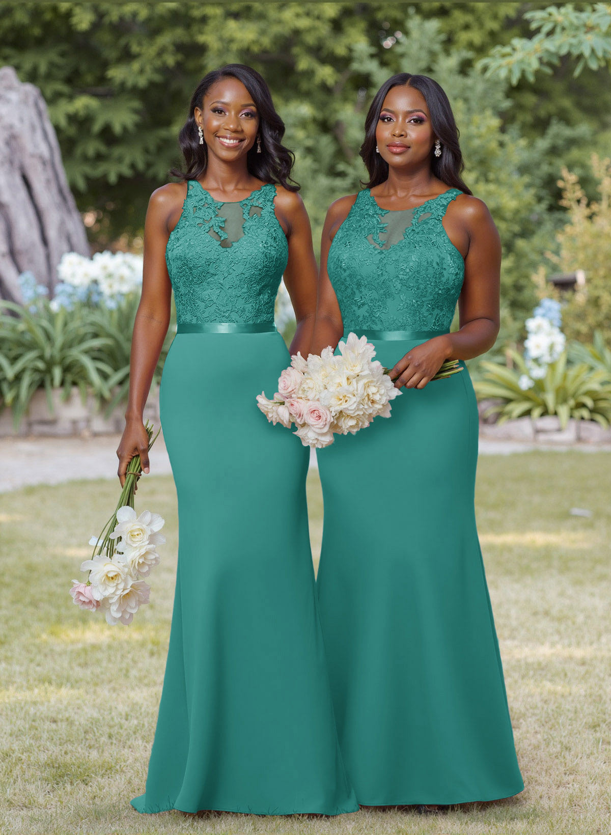 Exquisite Illusion Neck Cutout On The Back Elastic Satin Bridesmaid Dresses With Lace, product image 58