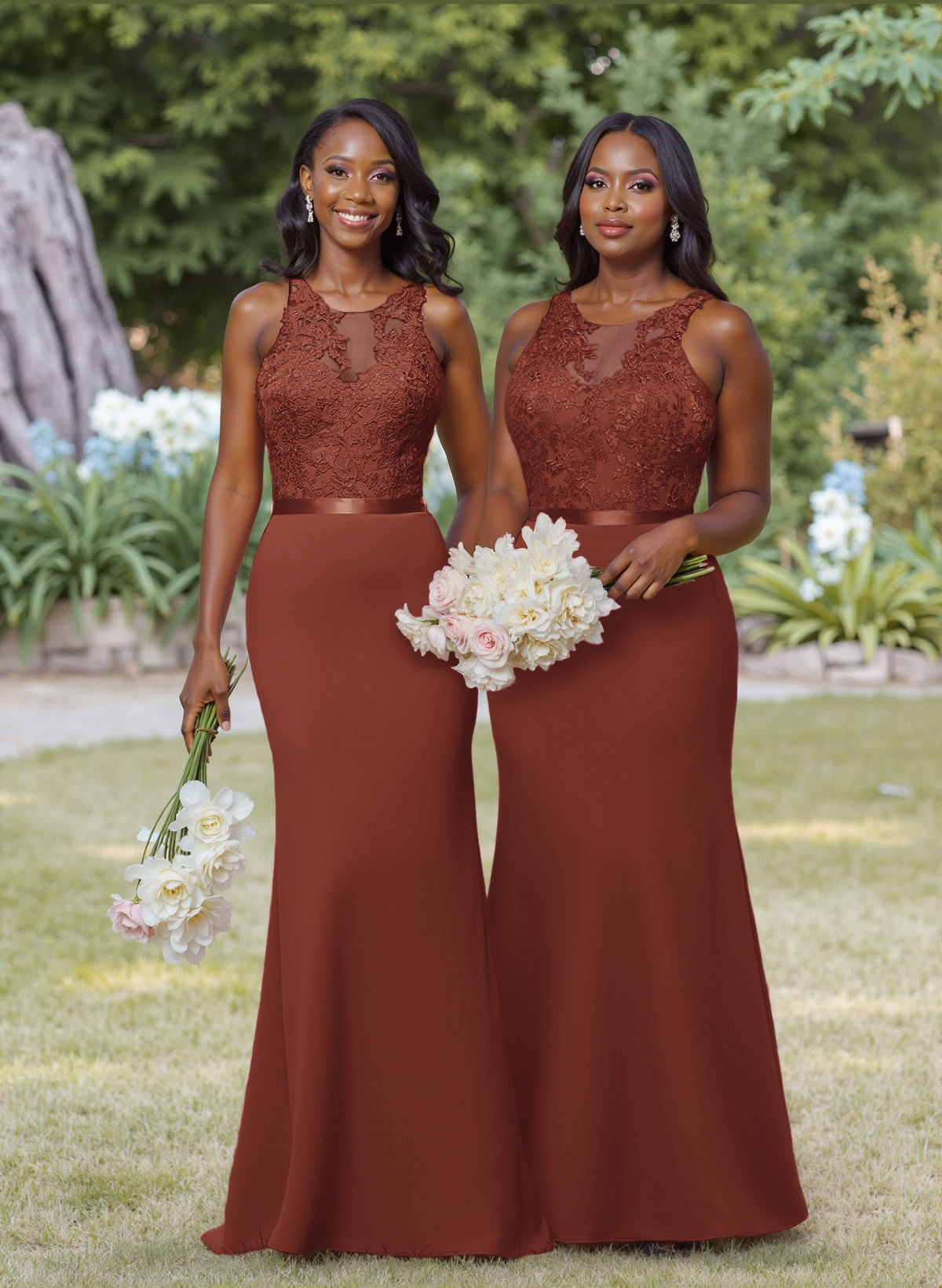 Exquisite Illusion Neck Cutout On The Back Elastic Satin Bridesmaid Dresses With Lace, product image 41
