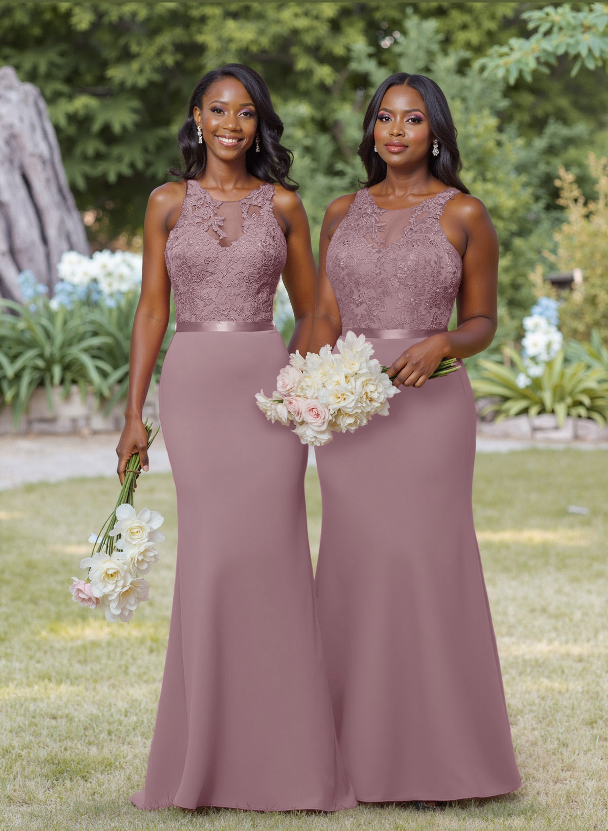 Exquisite Illusion Neck Cutout On The Back Elastic Satin Bridesmaid Dresses With Lace, product image 24