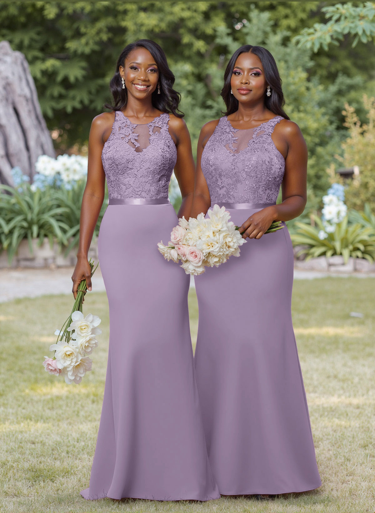 Exquisite Illusion Neck Cutout On The Back Elastic Satin Bridesmaid Dresses With Lace, product image 21