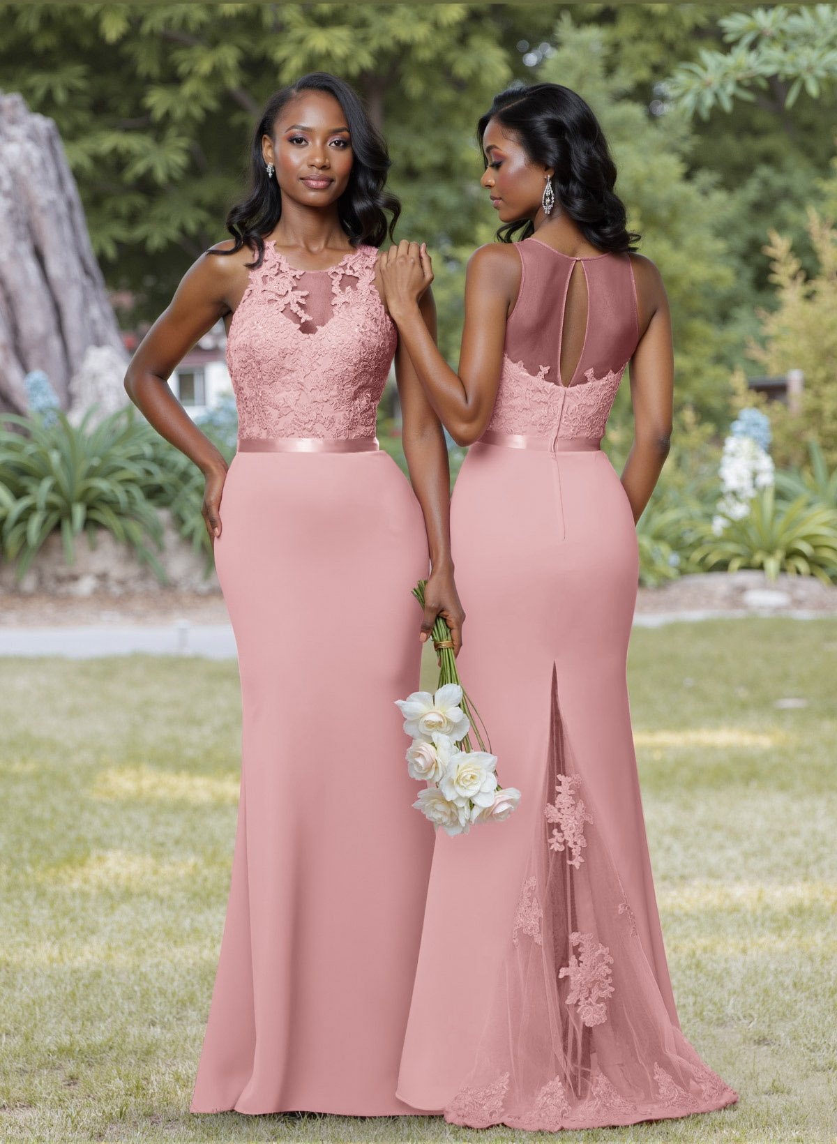 Exquisite Illusion Neck Cutout On The Back Elastic Satin Bridesmaid Dresses With Lace, product image 2