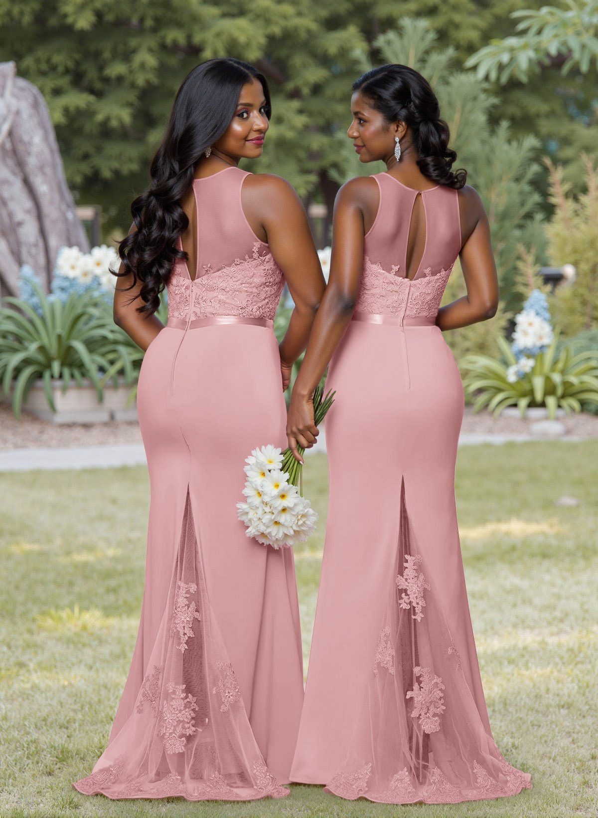 Exquisite Illusion Neck Cutout On The Back Elastic Satin Bridesmaid Dresses With Lace, product image 3