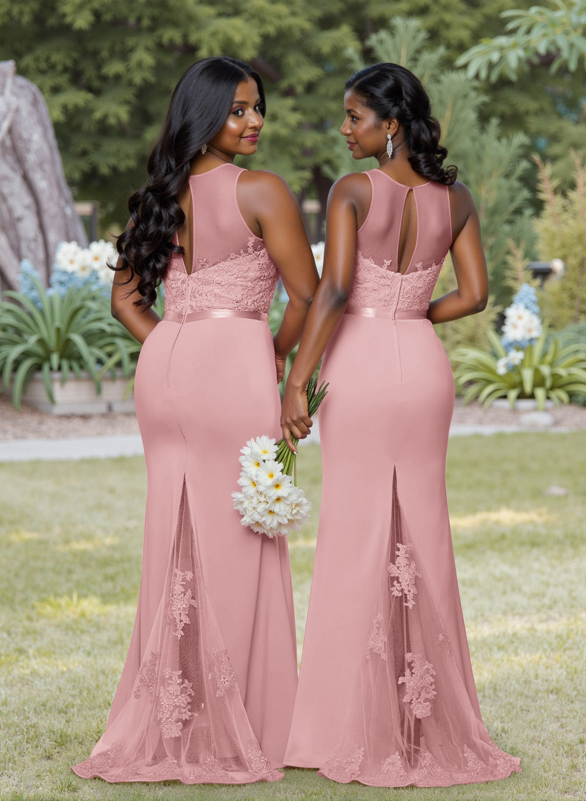 Exquisite Illusion Neck Cutout On The Back Elastic Satin Bridesmaid Dresses With Lace, product image 3